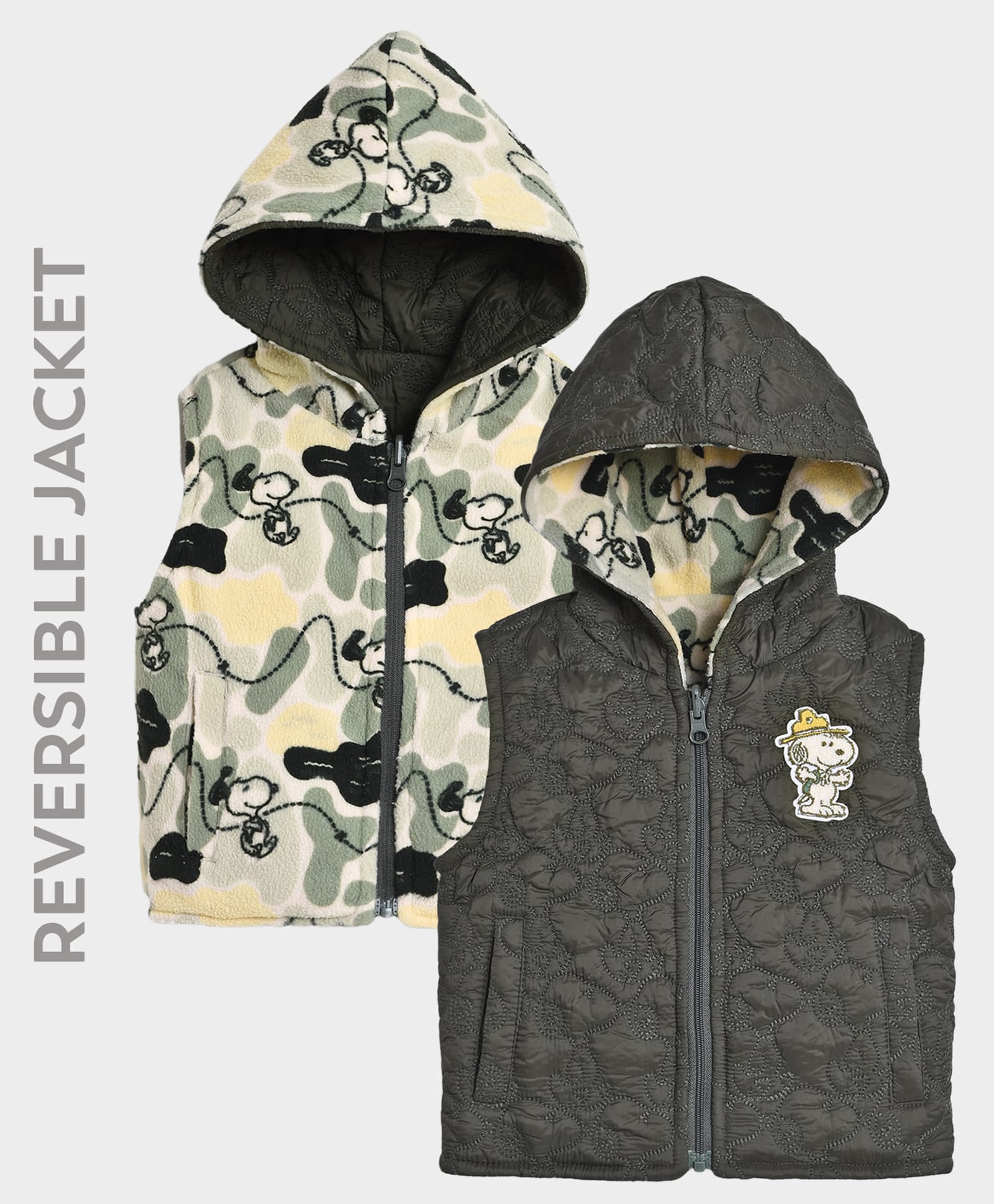 Mi Arcus Woven Peanuts Featuring Sleeveless Snoopy Printed & Patch Detailed Reversible Jacket - Green-picture-29