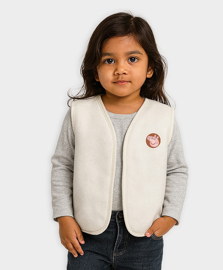 Mi Arcus Knit Sleeveless Peppa Pig Back Patch Detailed Light Winter Sherpa Jacket - Cream-picture-28