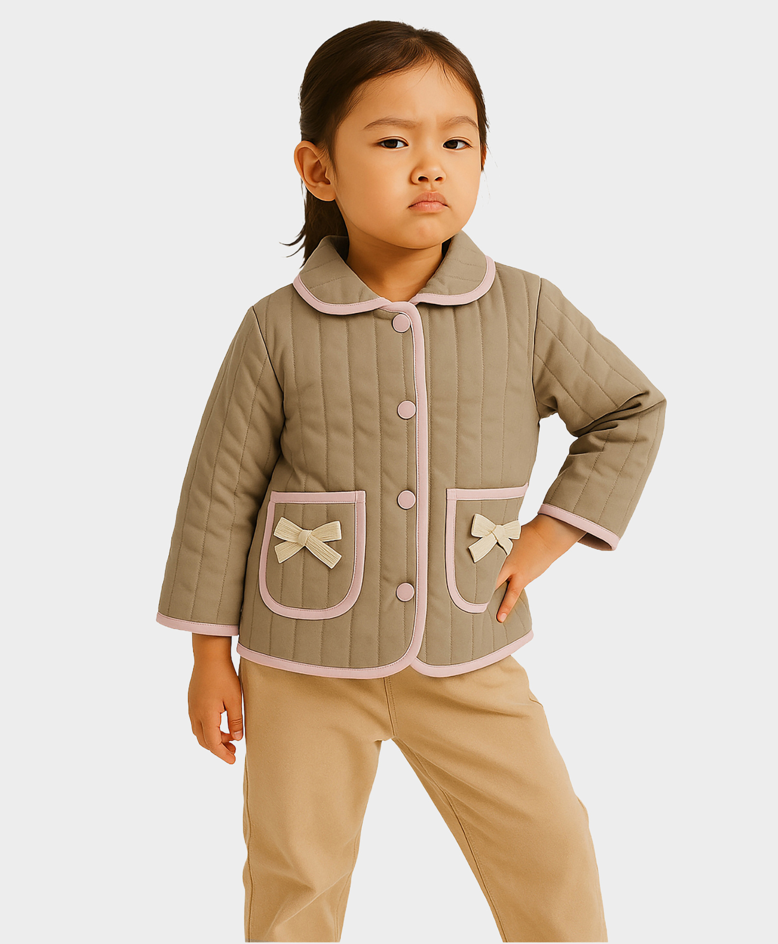 Mi Arcus Woven Full Sleeves Bow Applique Detailed Light Winter Quilted Jacket - Beige-picture-38