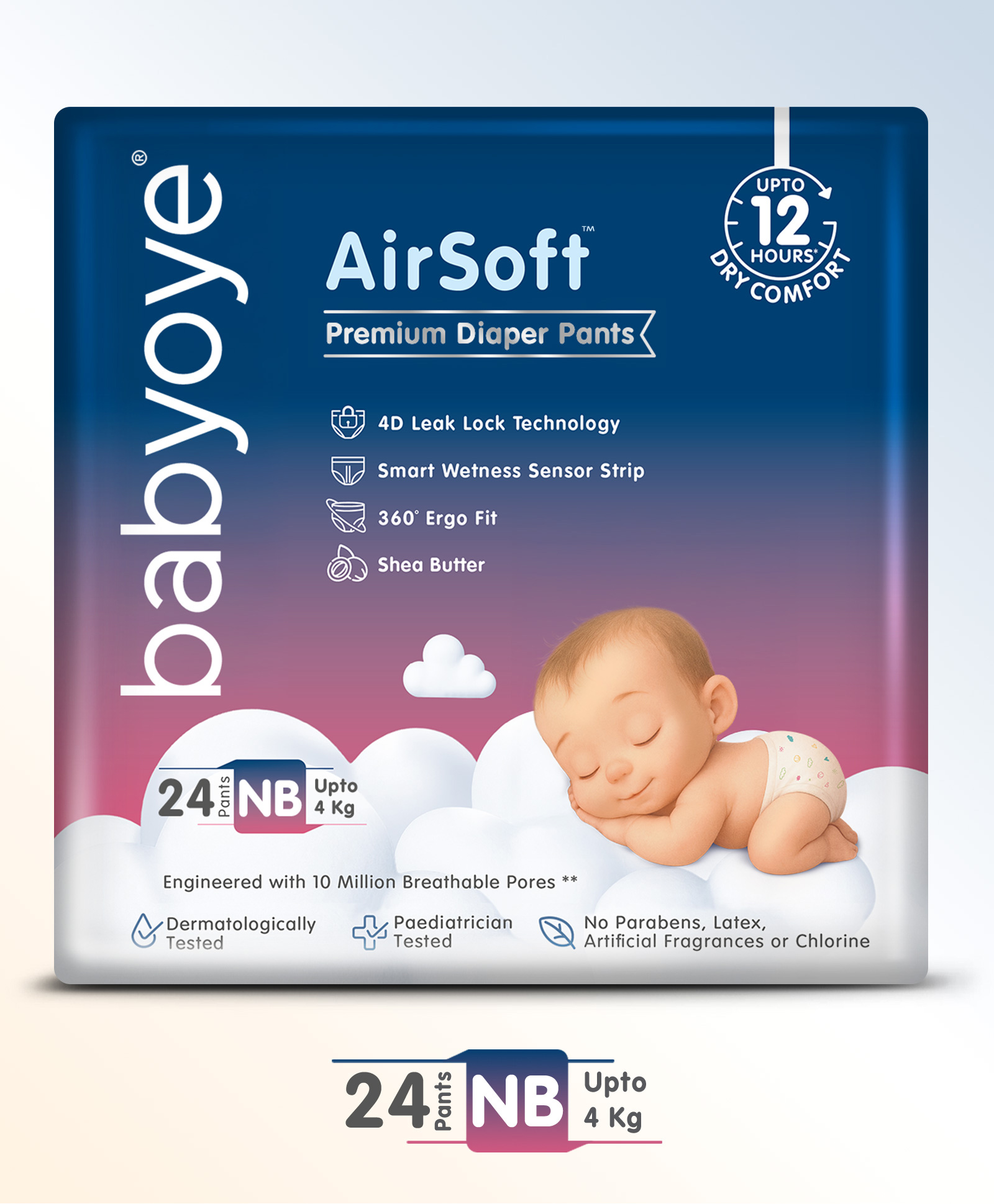 Babyoye Air Soft Premium Pant Style Diapers New Born - 24 Pieces | All Night Dryness | Prevents Diaper Rash | Upto 12 Hr Leakage Protection | Super Soft & Comfy | Quick Absorption