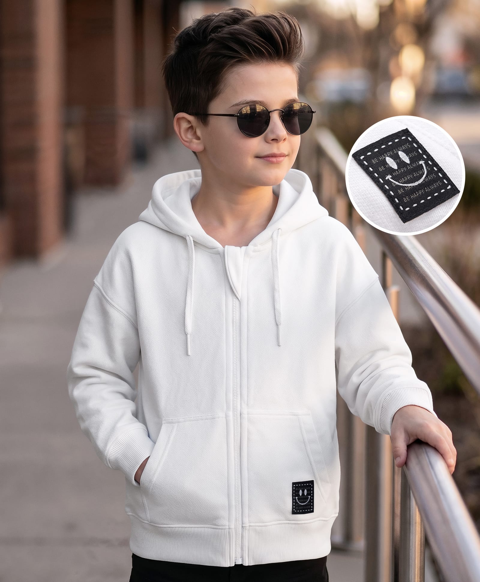 kookie kids india Kookie Kids Terry Knit Full Sleeves Solid Hooded Sweatjacket With Kangaroo Pockets - White-picture-16