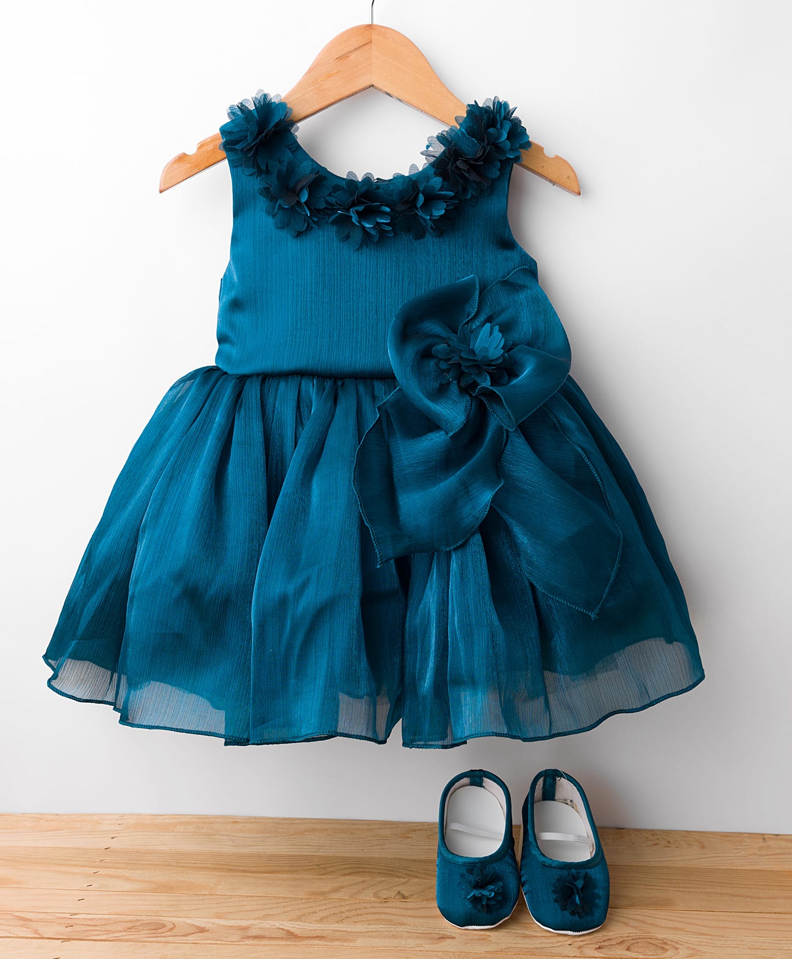 BlueBell Tissue Woven Sleeveless Party Dress with Floral Applique & Booties - Teal Blue-image-25