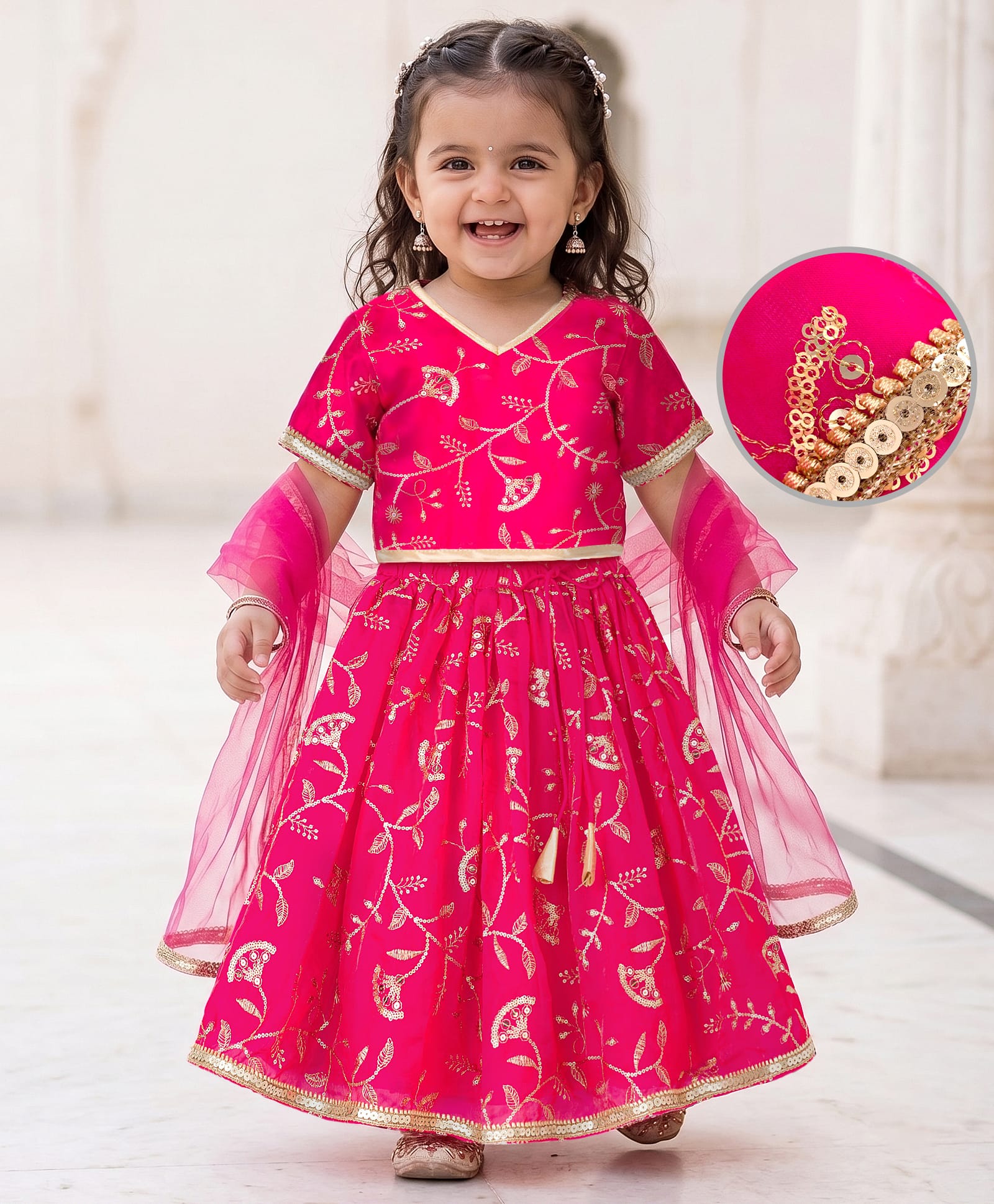 EARTHY TOUCH Organza Woven Half Sleeves Lehenga Choli Set With Floral Sequin Detailing & Dupatta - Fuchsia-image-12