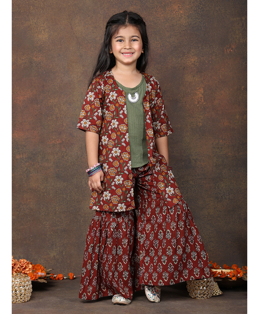 Kinder Kids Cotton Woven Metal Applique Detailed Kurti & Sharara With Three Fourth Sleeves Floral Printed Jacket Set - Brown-image-43