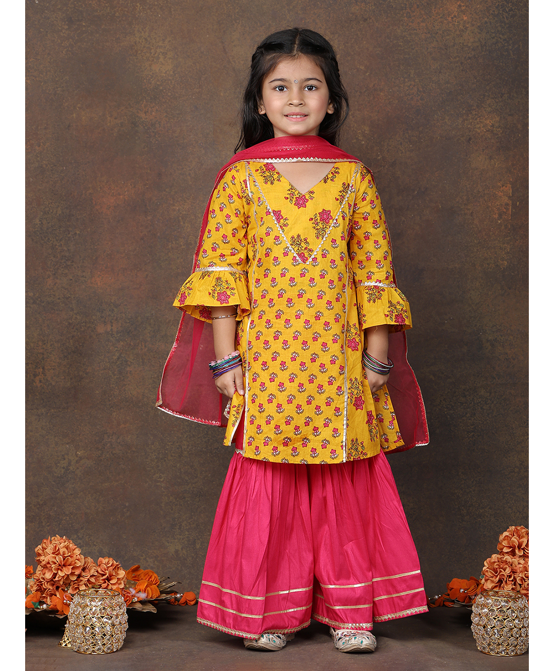 Kinder Kids Cotton Woven Half Bell Sleeves Floral Printed Gota Lace Embellished Kurti & Sharara With Dupatta Set - Yellow-picture-15