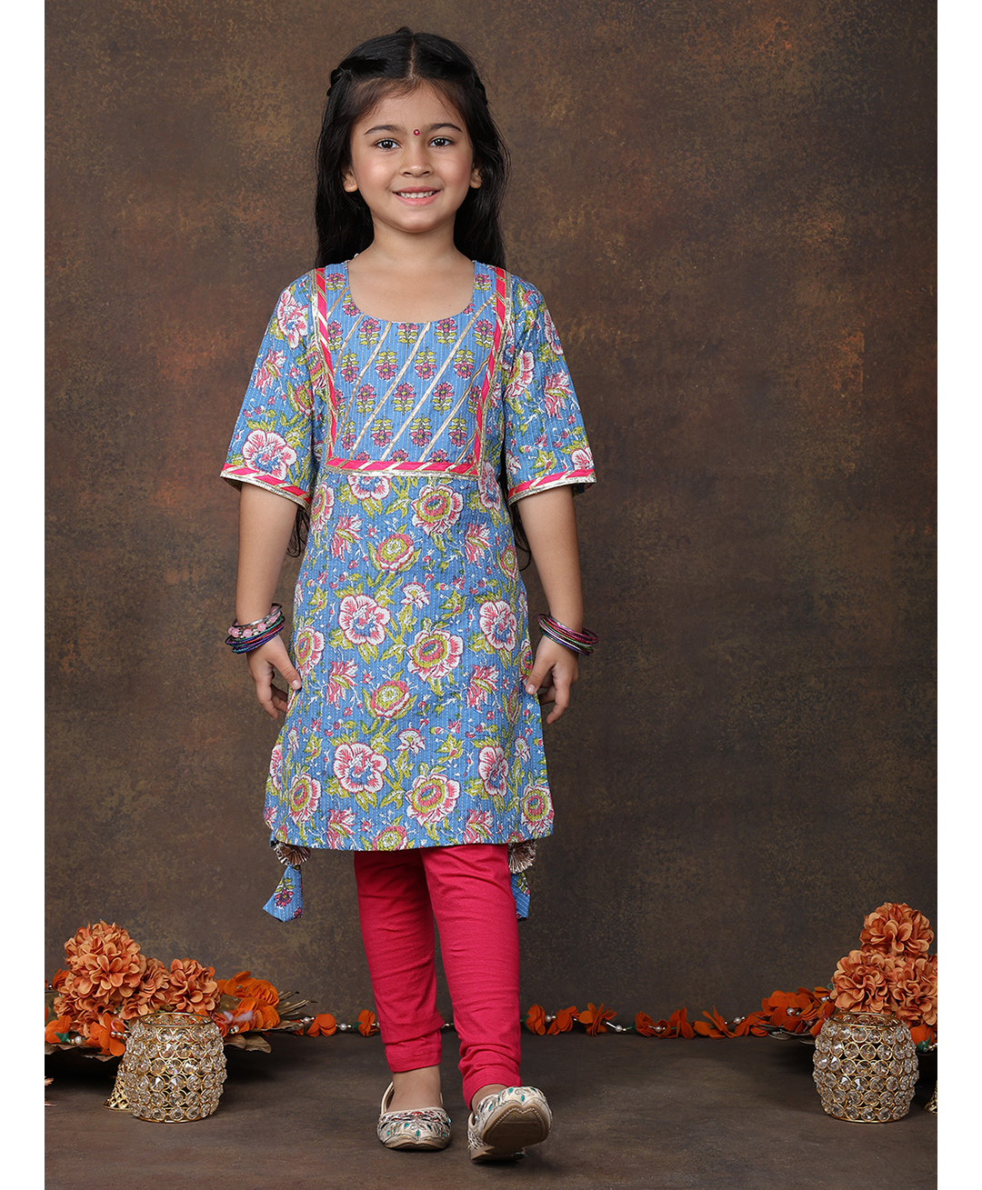 Kinder Kids Cotton Woven Three Fourth Sleeves Floral Printed Gota Lace Embellished Kurti & Leggings Set - Blue-image-28