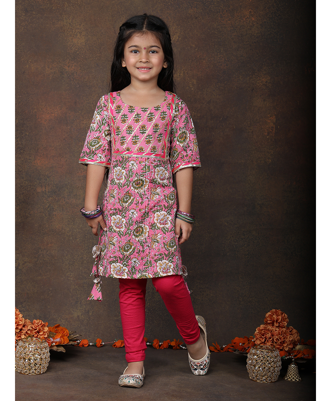 Kinder Kids Cotton Woven Three Fourth Sleeves Floral Printed Gota Lace Embellished Kurti & Leggings Set - Pink-image-35