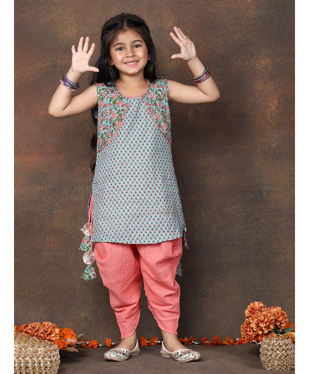 Kinder Kids Cotton Woven Sleeveless Floral Printed Threadwork Detailed Kurti & Dhoti Set - Blue-image-10