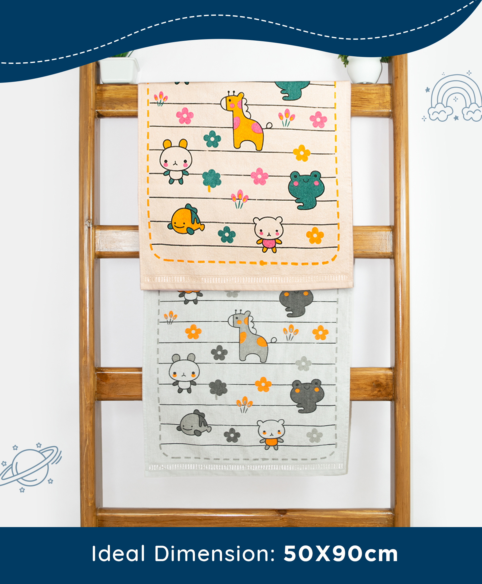 Rangoli 100% Cotton Knit Pack Of 2 Animal & Floral Designed Towels - Grey & Beige-picture-15