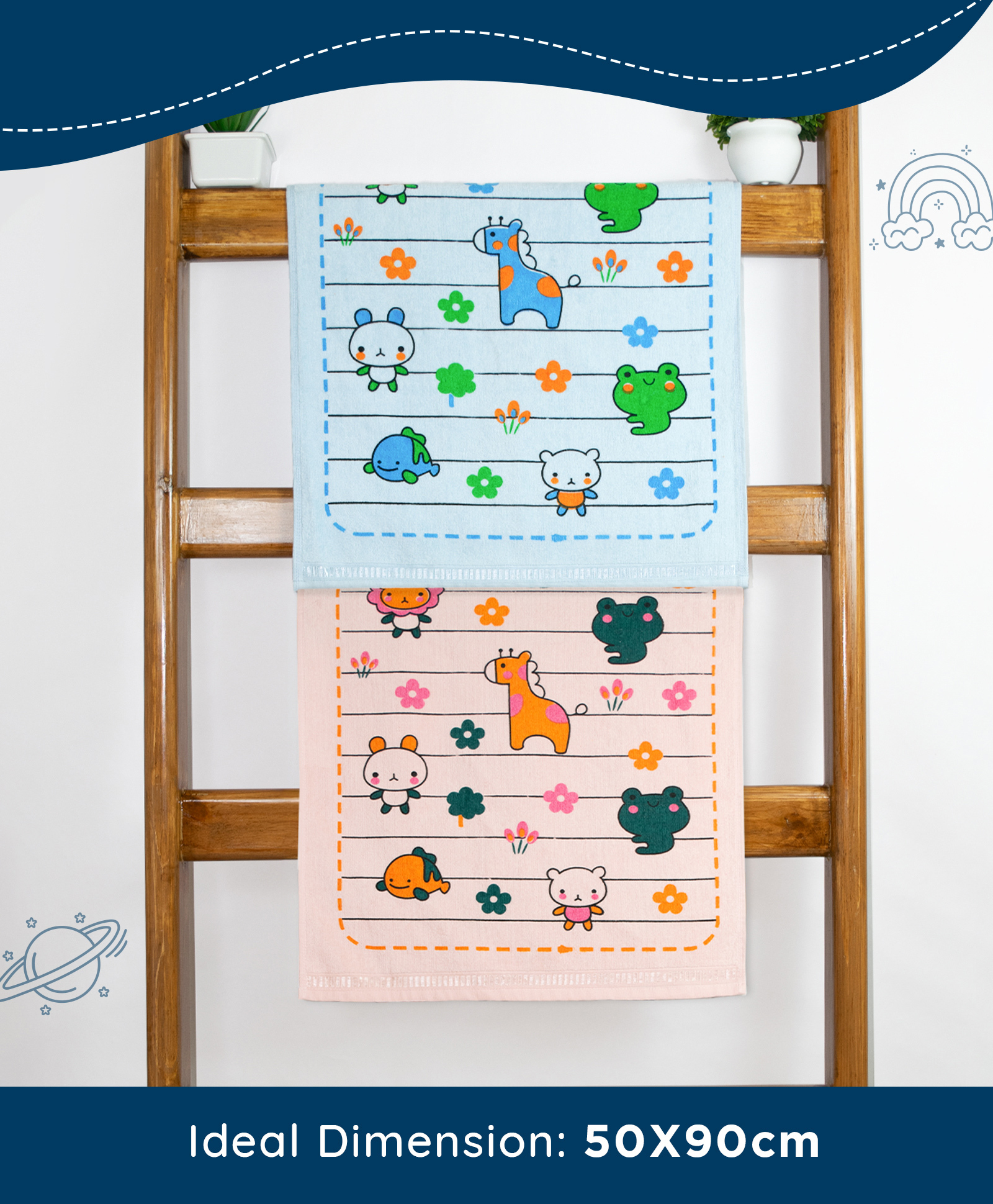 Rangoli 100% Cotton Knit Pack Of 2 Animal & Floral Designed Towels - Blue & Peach-picture-22