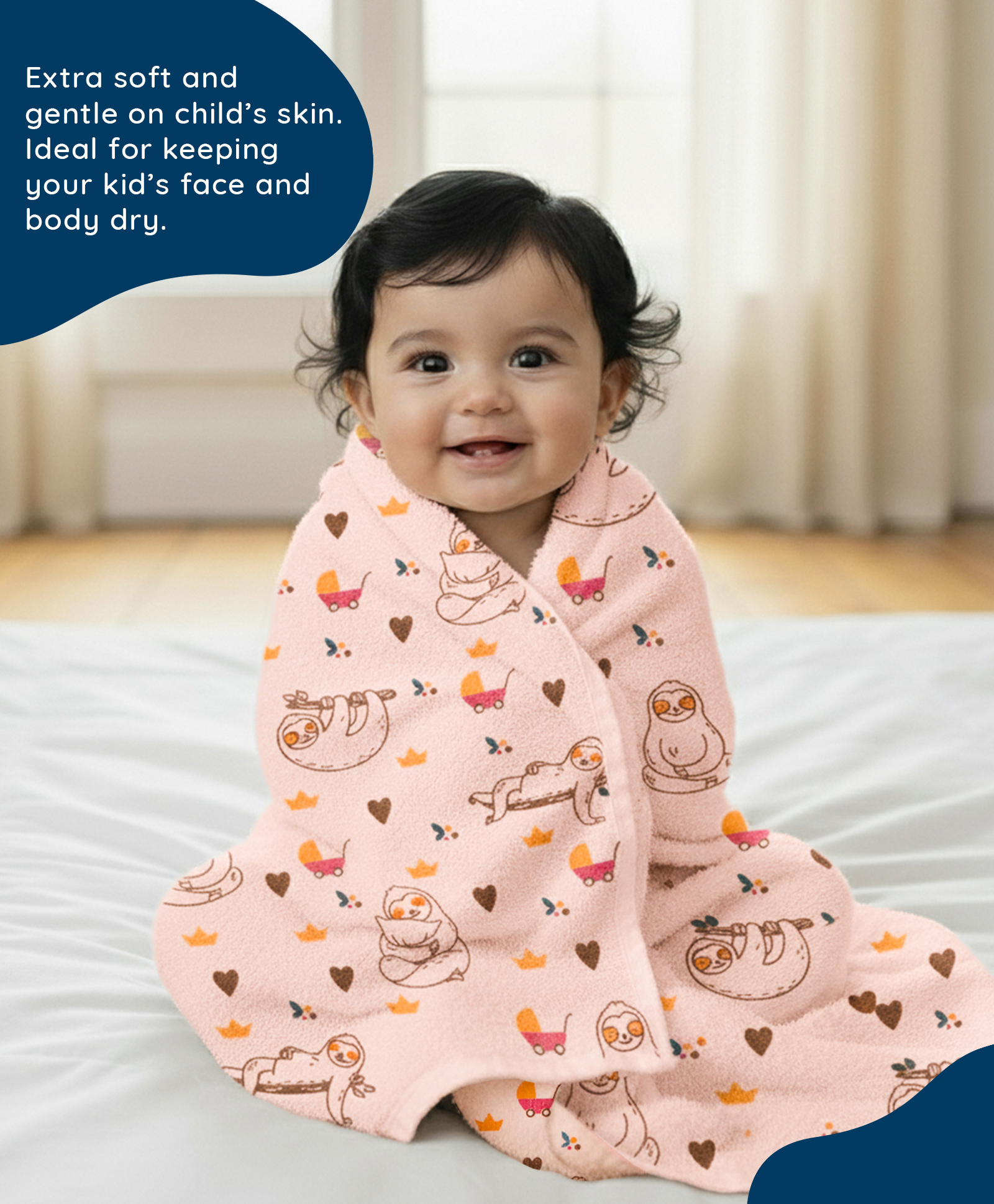 Rangoli 100% Cotton Knit Sloth Printed Baby Towel - Peach-picture-24