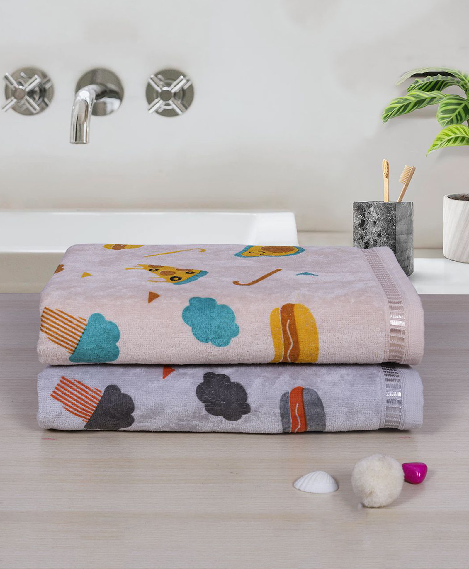 Rangoli Super Soft 100% Cotton Pack Of 2 Food Designed Baby Towels - Grey & Beige-picture-24