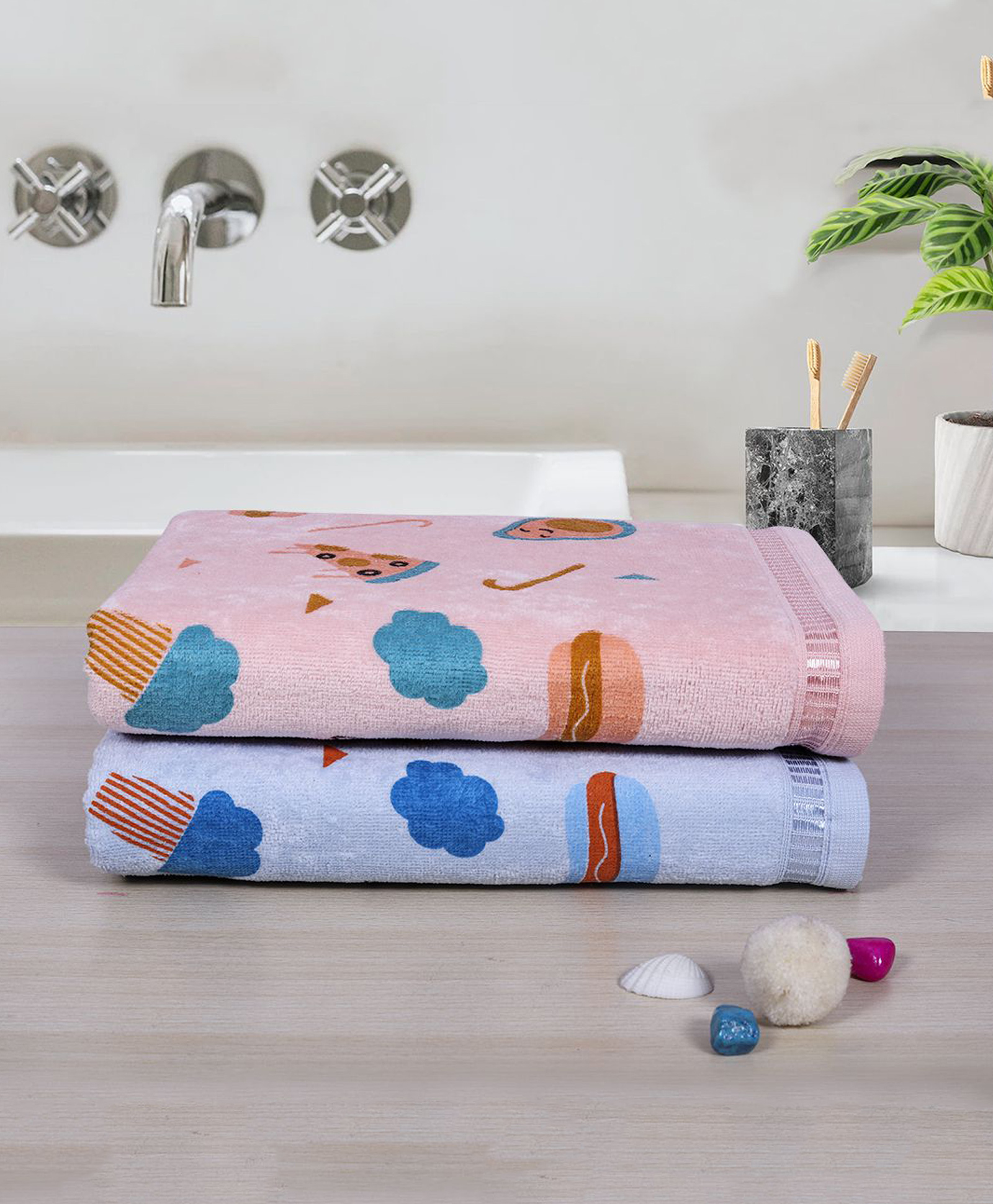 Rangoli Super Soft 100% Cotton Pack Of 2 Food Designed Baby Towels - Blue & Peach-picture-14