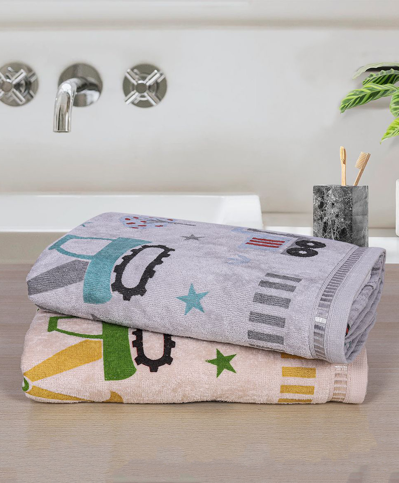 Rangoli 100% Cotton Knit Pack Of 2 Excavator Printed Towels - Grey & Beige-picture-26