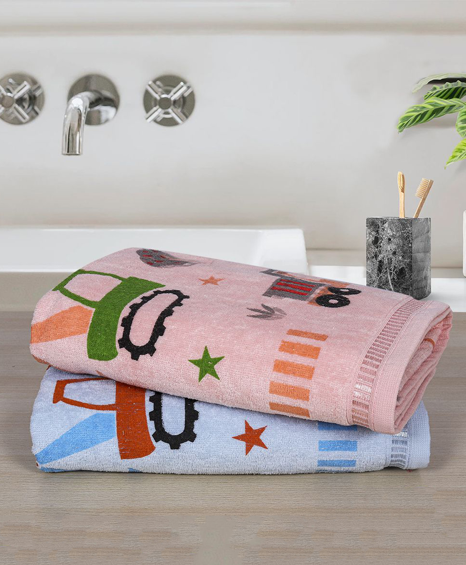 Rangoli 100% Cotton Knit Pack Of 2 Excavator Printed Towels - Blue & Peach