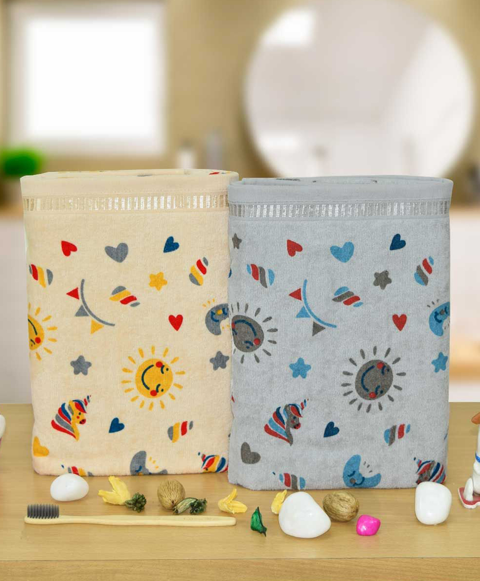 Rangoli 100% Cotton Knit Pack Of 2 Unicorn & Hearts Printed Towel - Grey & Beige-picture-16