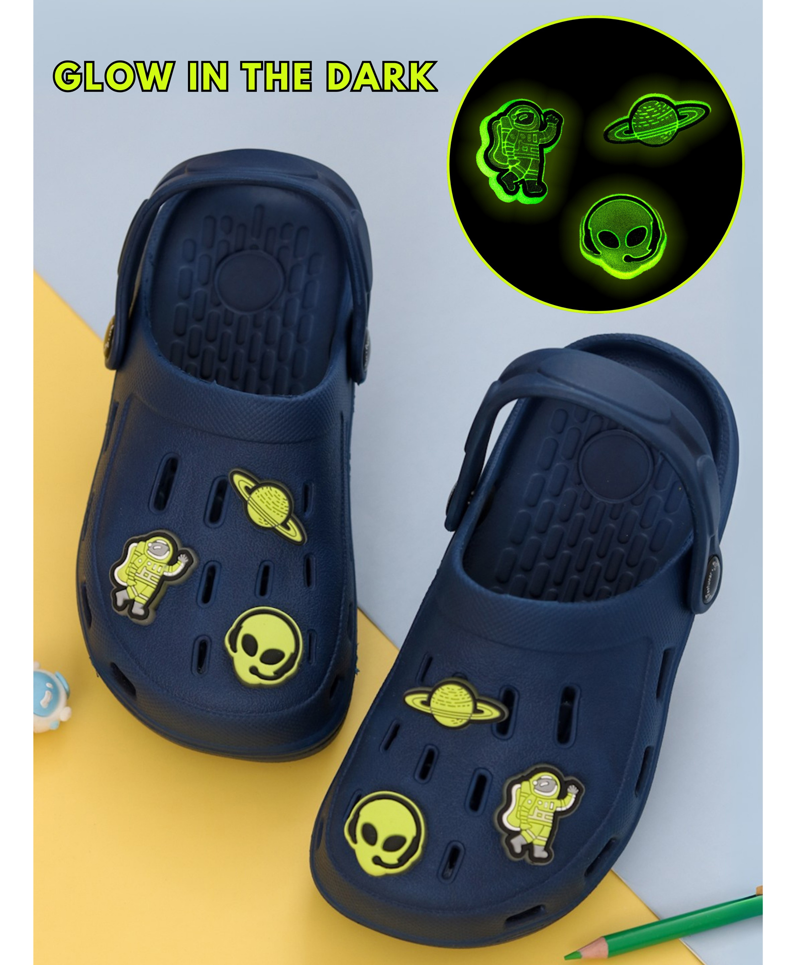 Yellow Bee Glow in the Dark Space Themed Applique Detailed Perforated Slingback Clogs - Navy Blue-picture-22