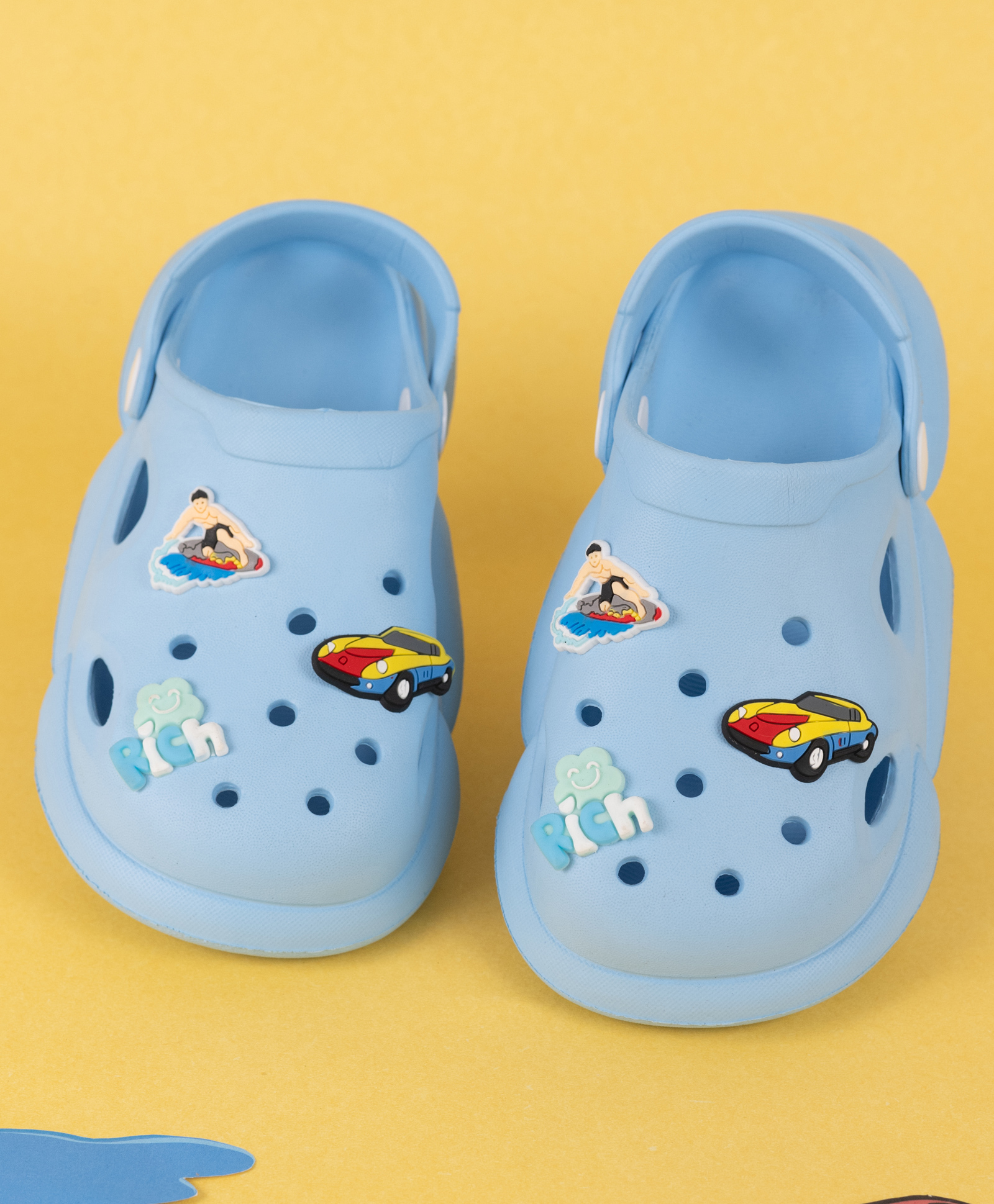 Yellow Bee Car & Rich Text Applique Detailed Perforated Slingback Clogs - Blue-picture-20