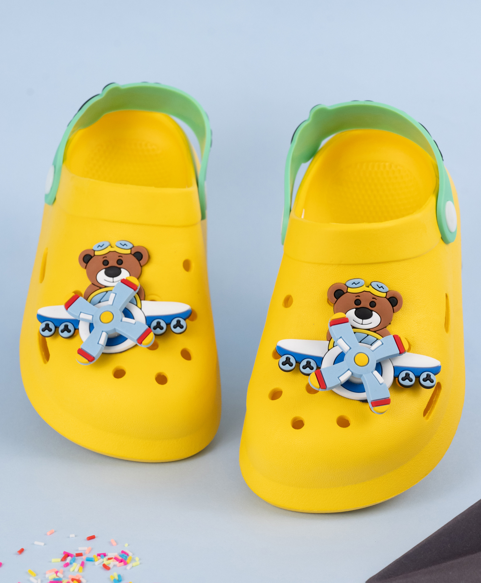 Yellow Bee Rotating Pilot Bear & Airplane Applique Detailed Perforated Slingback Clogs - Yellow-picture-35