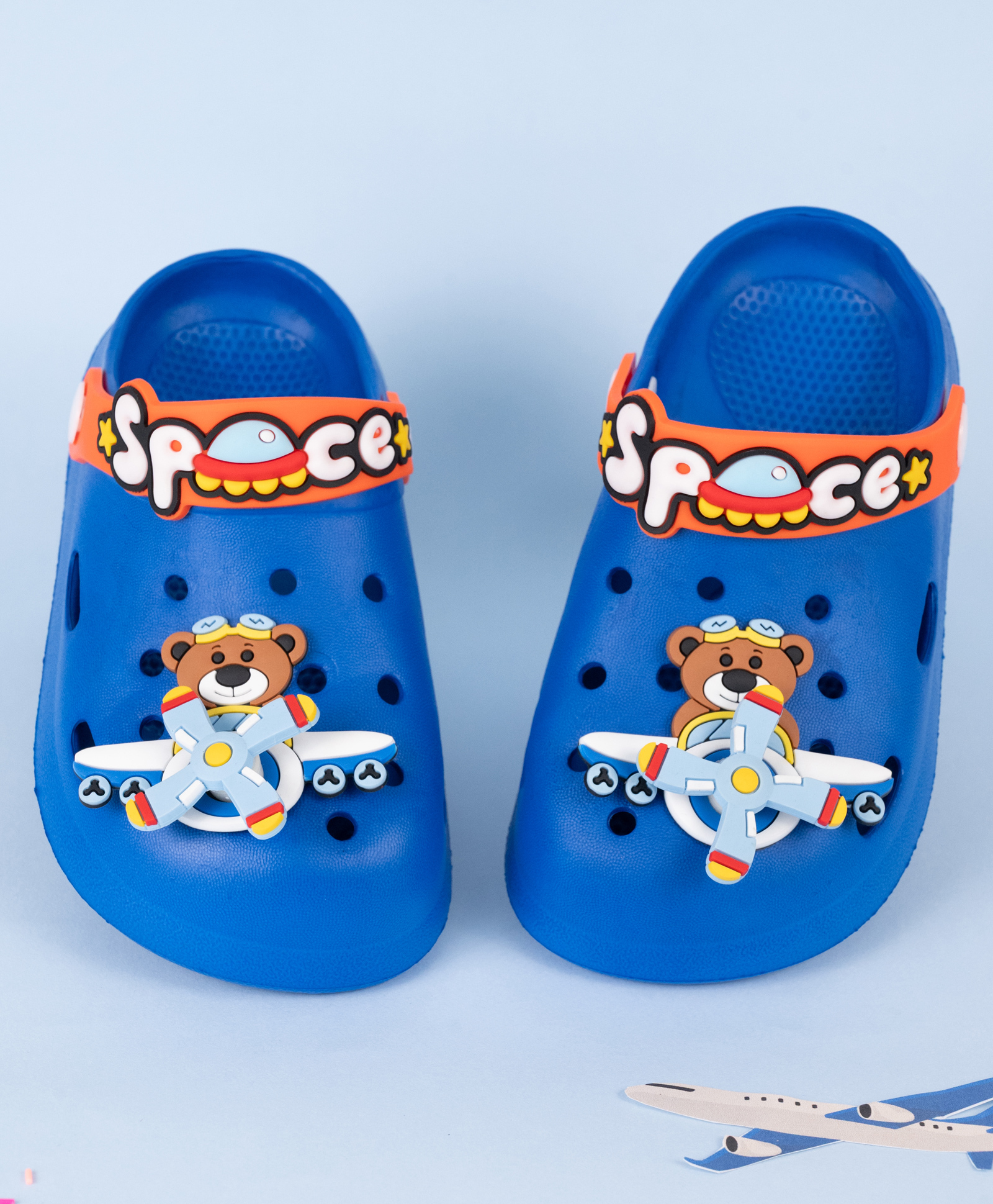 Yellow Bee Rotating Pilot Bear & Airplane Applique Detailed Perforated Slingback Clogs - Blue-picture-16