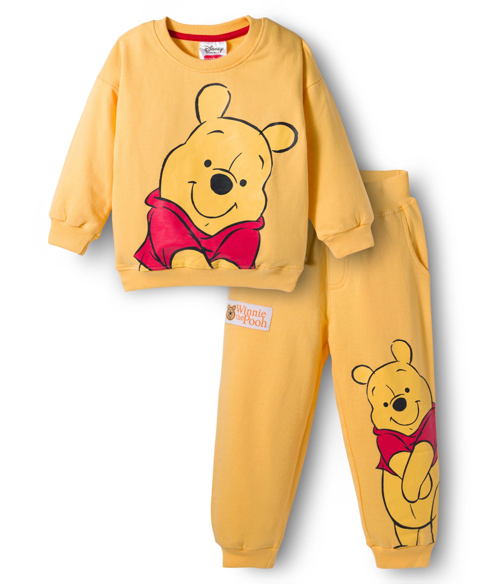 Babyhug Disney Terry Knit Full Sleeves Sweatshirt & Trackpant Set with Winnie the Pooh Graphic and Sherpa Sleeves Detailing - Yellow-image-48