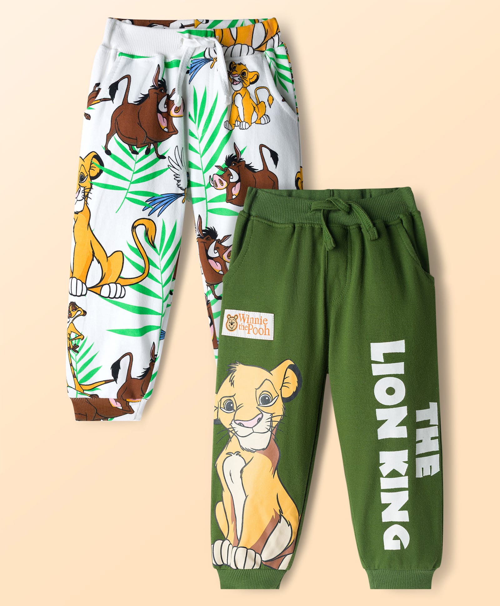 Babyhug Disney Terry Knit Track Pants with The Lion King Graphic Pack of 2 - White & Green-image-21