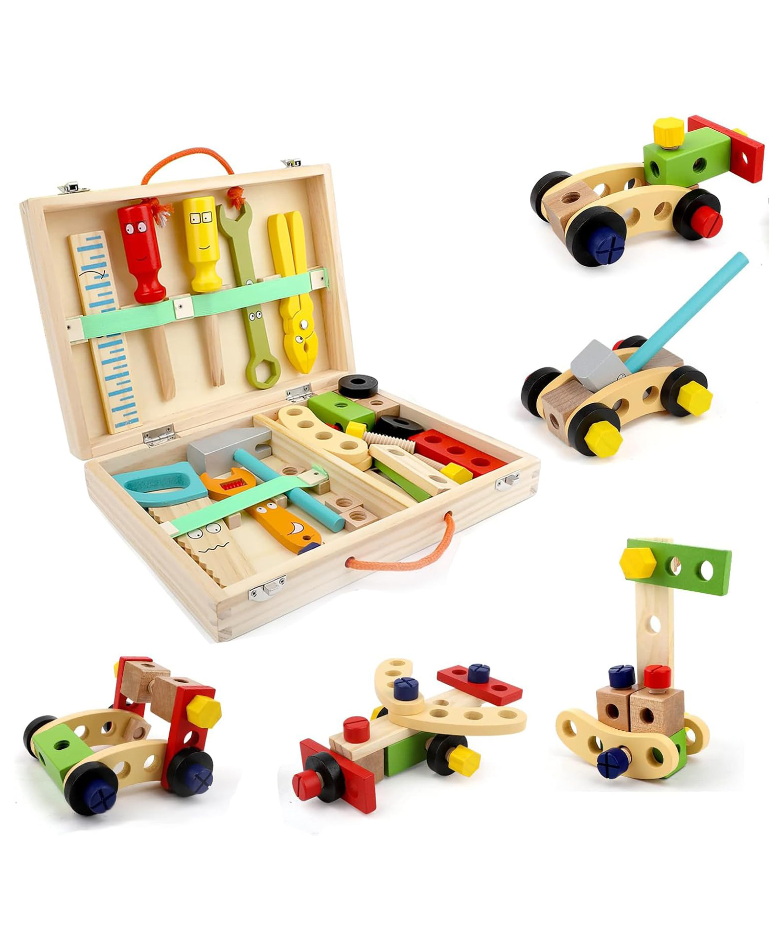 Hop N Play Wooden Tool Kit for Kids, 34 Pieces Portable Construction Pretend Play Tool Box, Montessori Toys for Children, Learning Stem Toys, Storage Toolbox (3-8 Years)-image-37