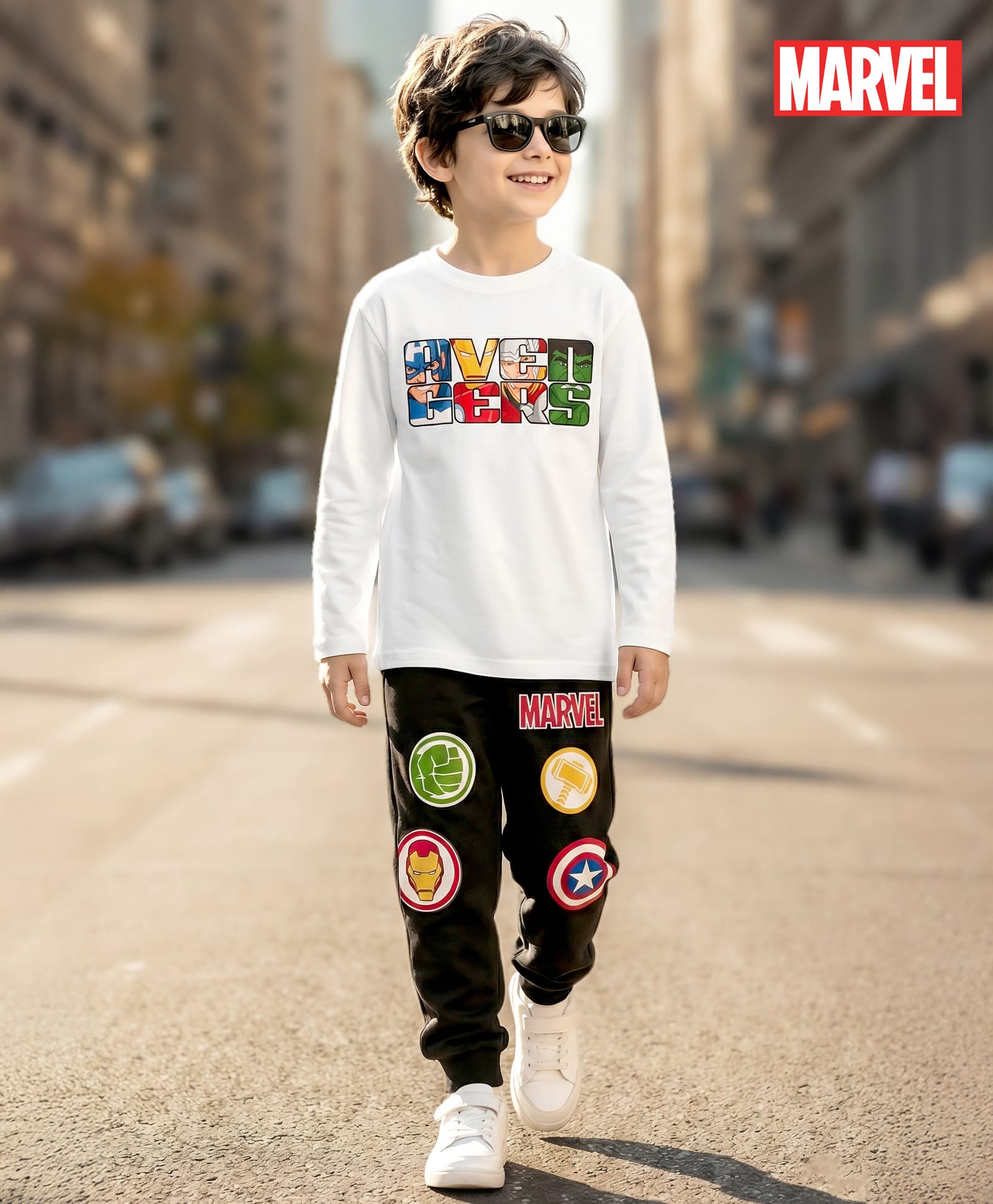 Pine Kids Marvel Terry Knit Full Sleeves Oversize Drop Shoulder Sweatshirt & Joggers Set with Avenger Graphics - White & Black-image-33