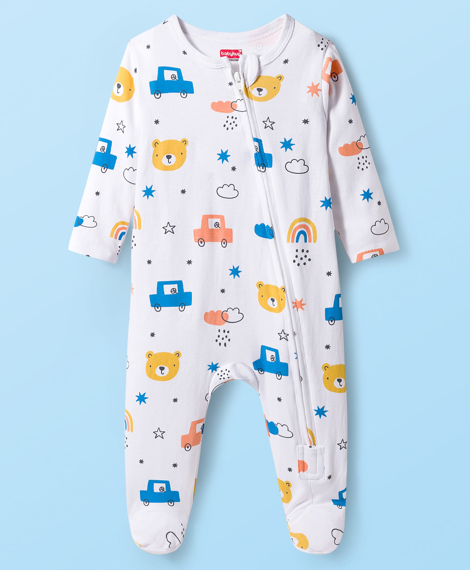 Babyhug Cotton Knit Full Sleeves Footed Sleepsuit With Vehicle Print - White-picture-13