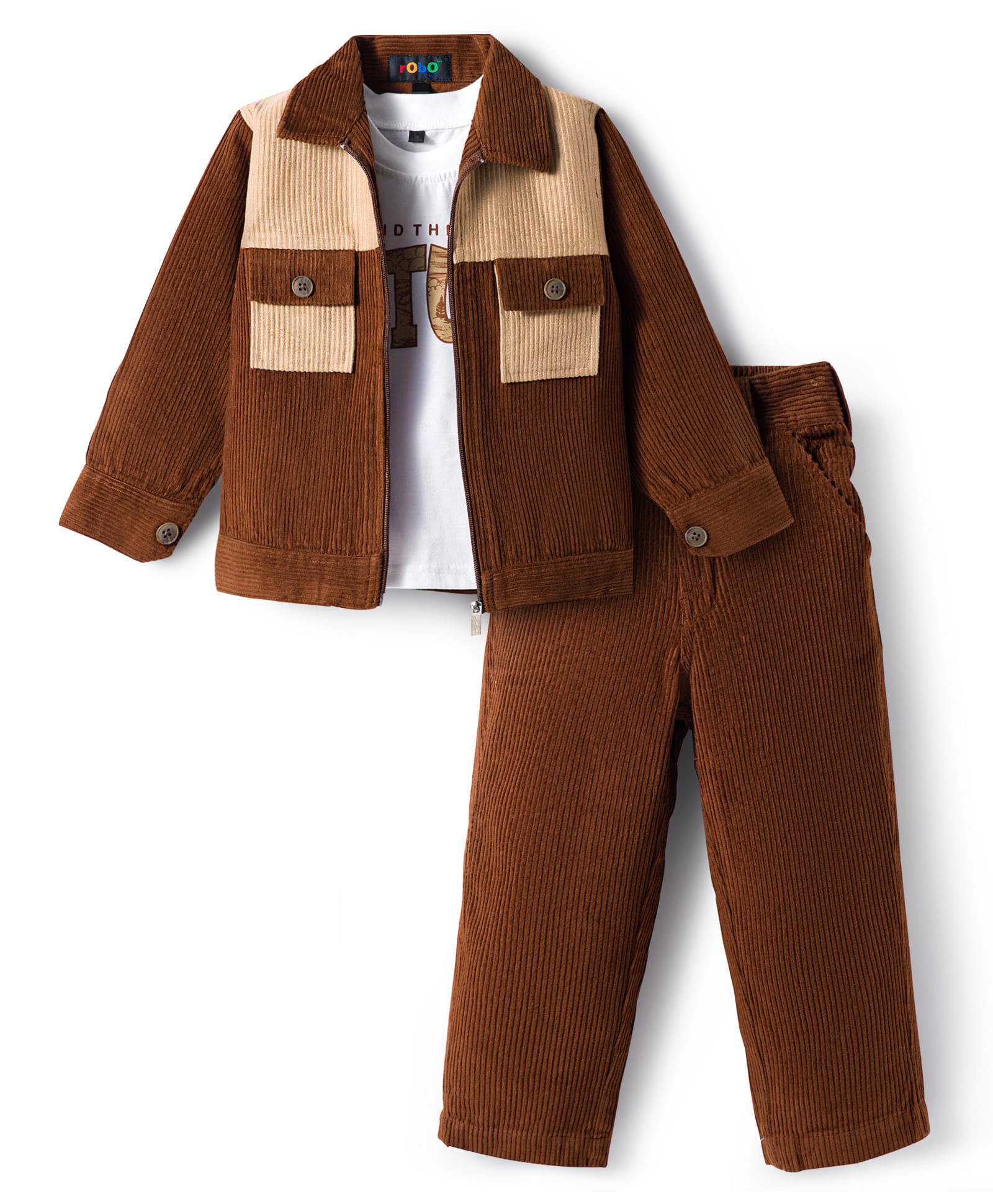 Robo Fry Cotton Woven Full Sleeves Jacket T-Shirt & Trouser Set with Pockets - Brown & Beige-picture-11