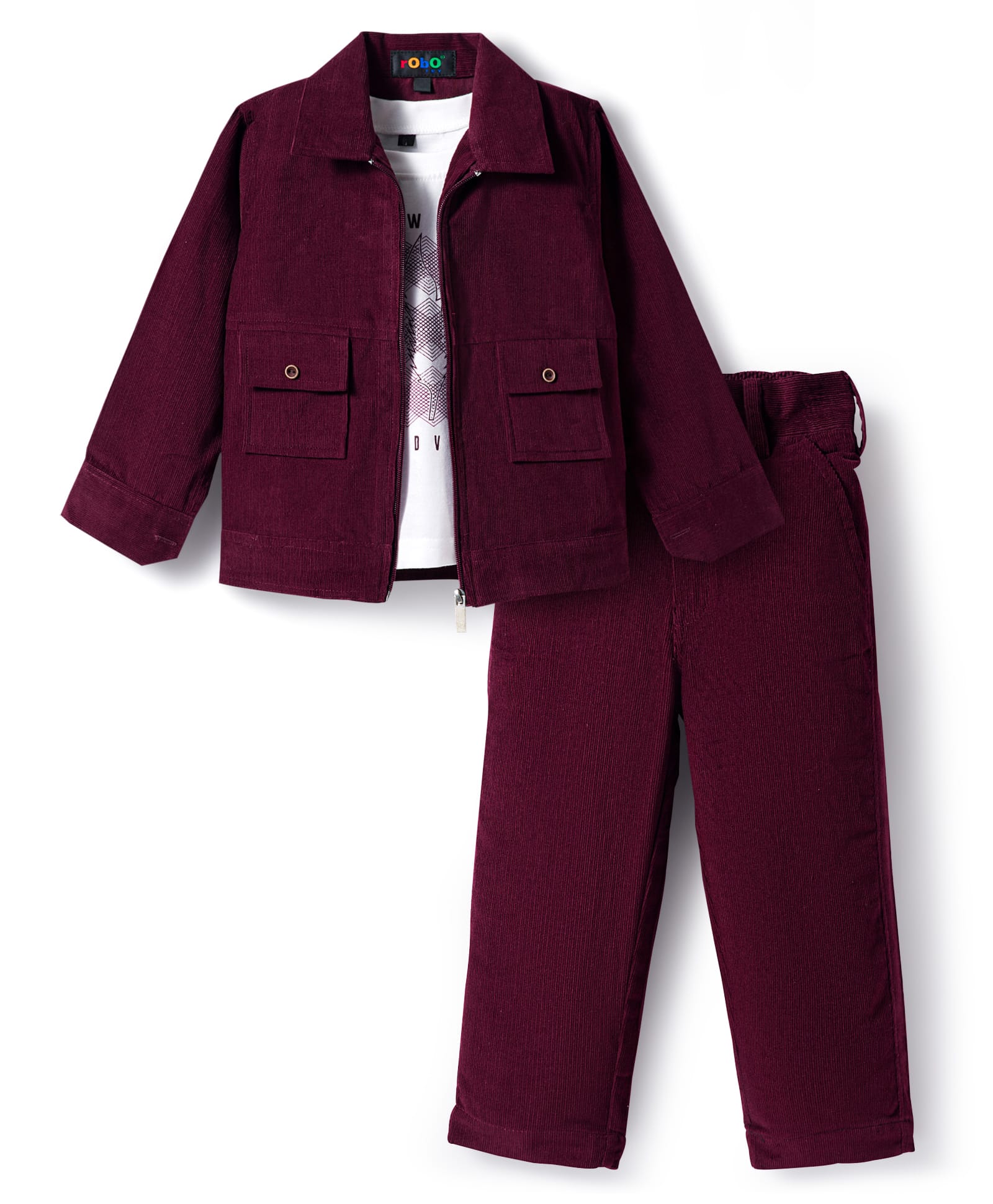Robo Fry Cotton Woven Full Sleeves Jacket T-Shirt & Trouser Set With Text Print - Maroon & White-picture-12