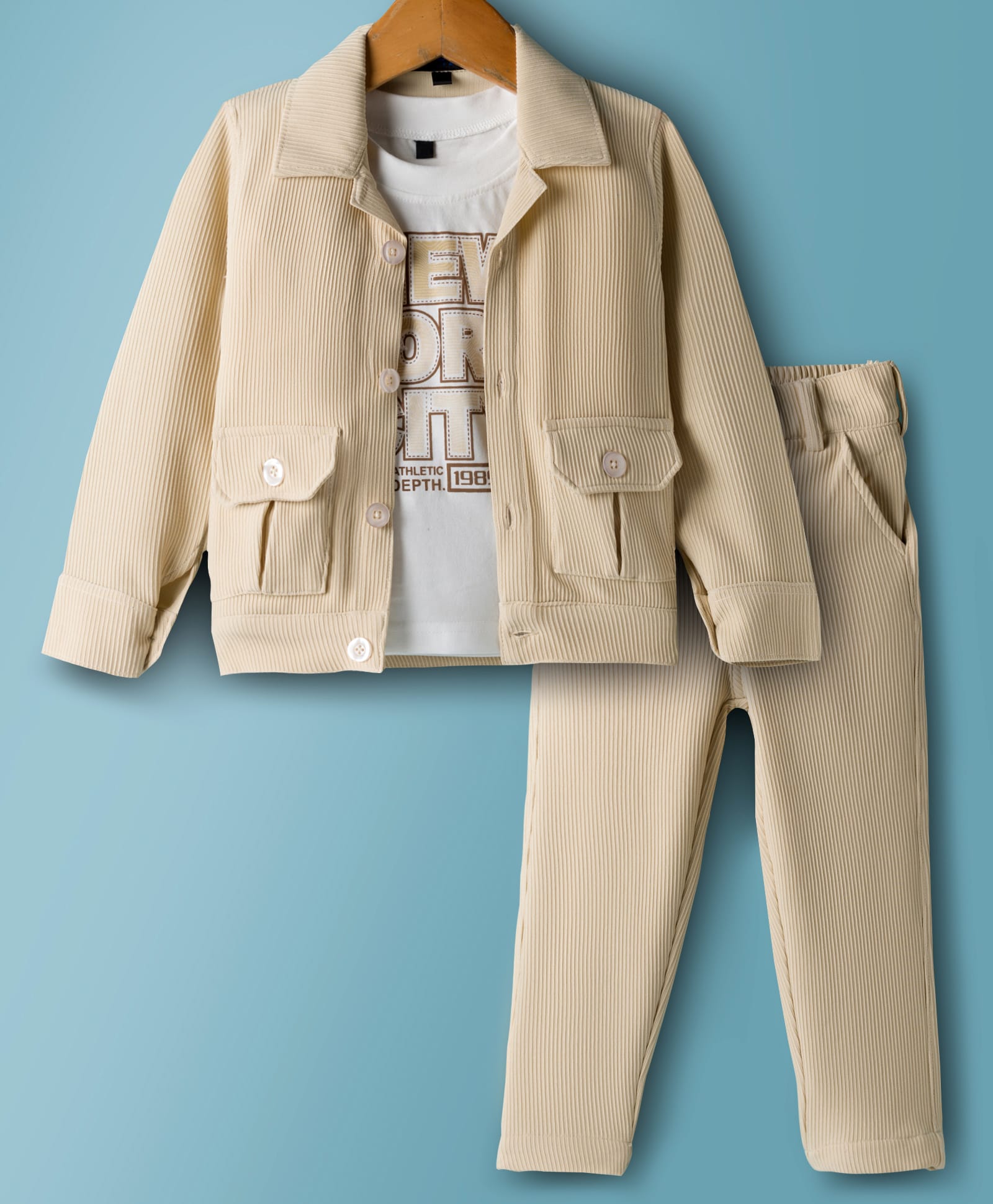 Robo Fry Cotton Woven Full Sleeves Jacket T-Shirt & Trouser Set With Pockets Text Print - Cream & White-picture-10