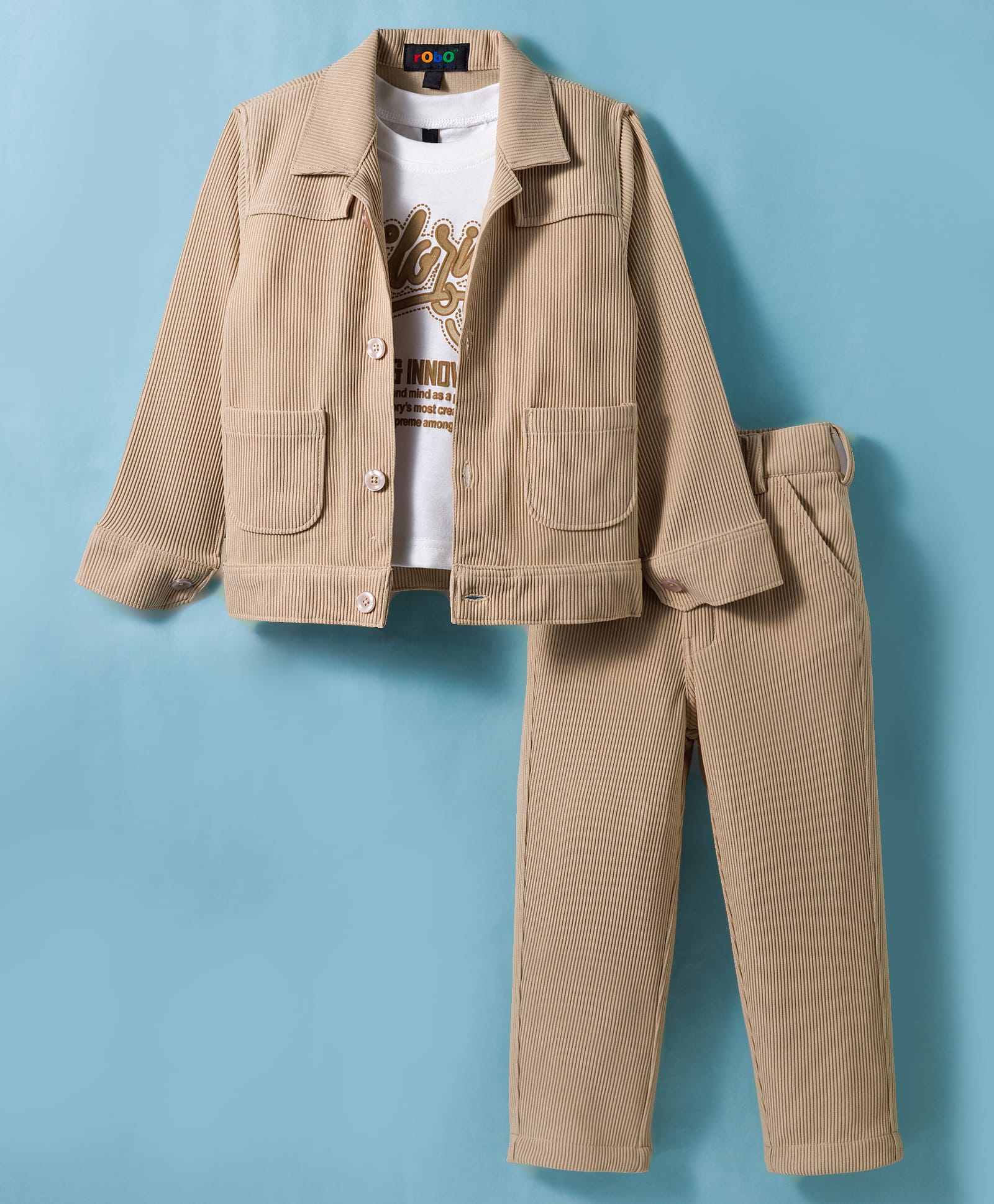 Robo Fry Cotton Woven Full Sleeves Jacket with Text Printed Inner Tee & Trouser - White & Tan-picture-15