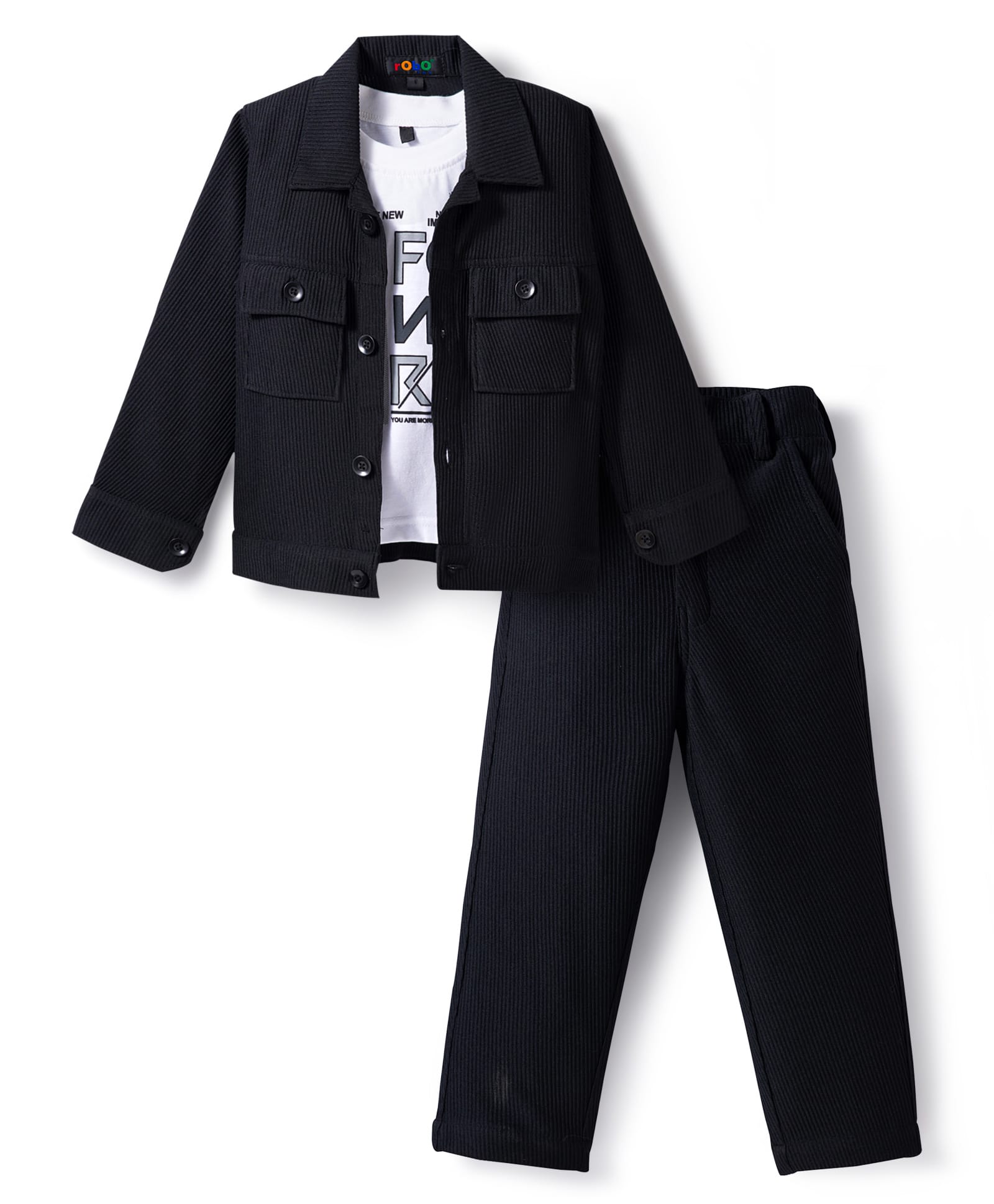 Robo Fry Cotton Woven Full Sleeves Jacket T-Shirt & Trouser Set With Pockets Text Print - Charcoal Grey & White-picture-18