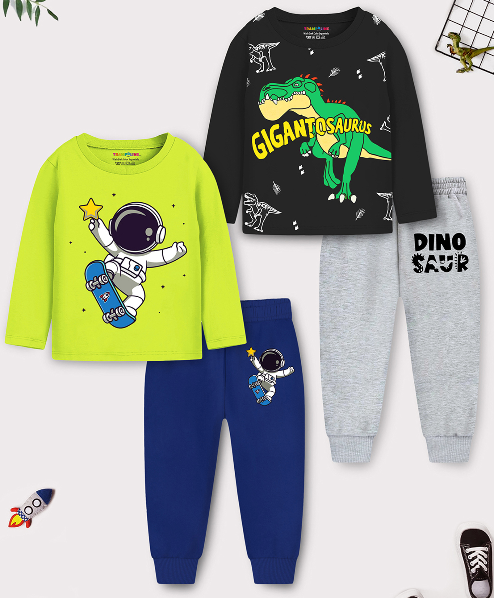 Trampoline Cotton Blend Knit Pack Of 2 Full Sleeves Space Themed & Dinosaur Printed Tee & Joggers Set - Green & Black-image-11