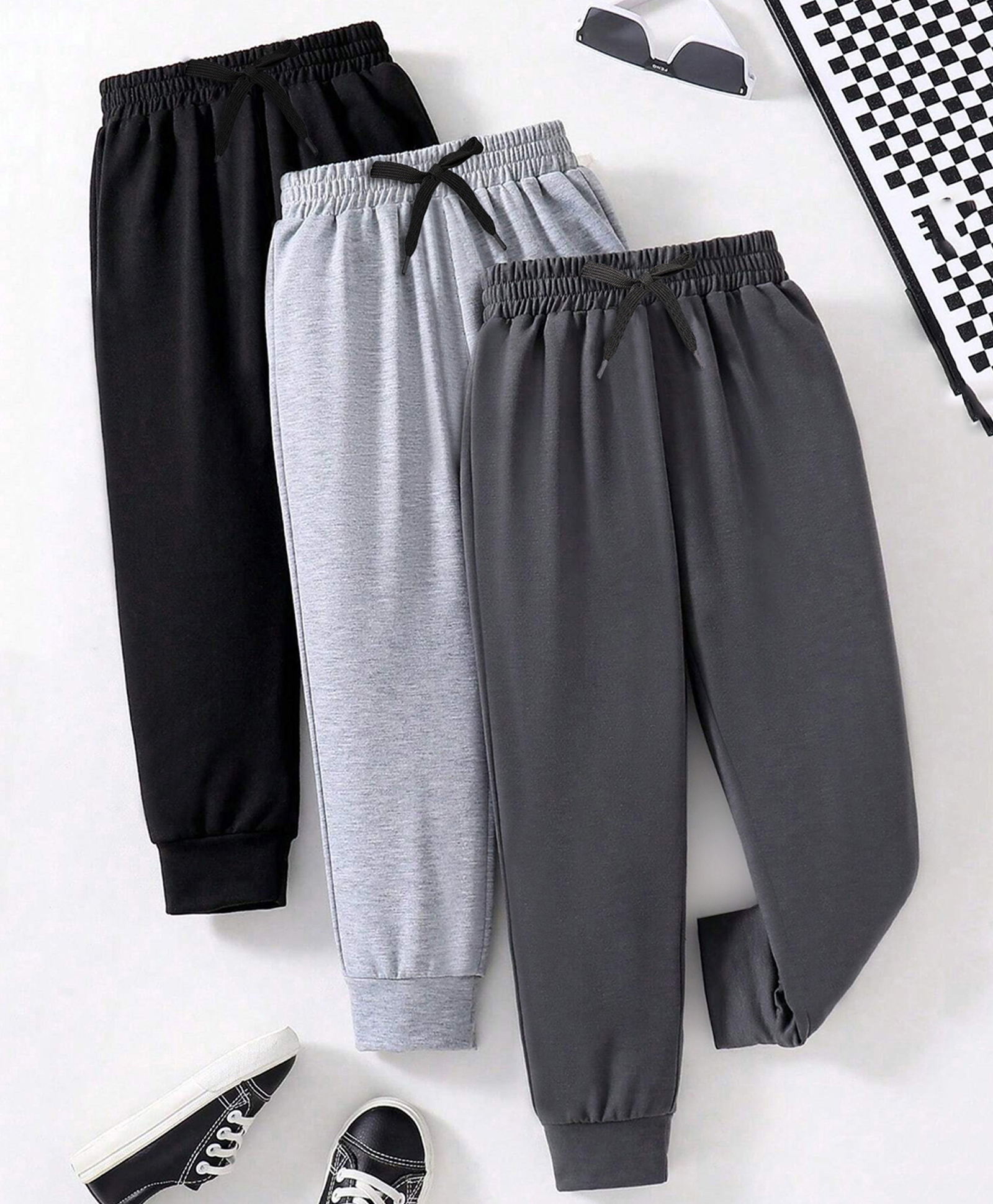Trampoline Cotton Blend Knit Pack of 3 Solid Track Pants - Black Light & Charcoal Grey-picture-10