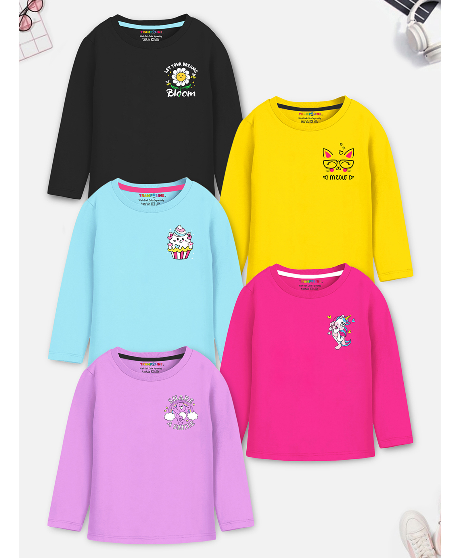 Trampoline Cotton Blend Knit Pack of 5 Full Sleeves Share A Smile & Meow Text Printed Tees - Multi Colour-image-37