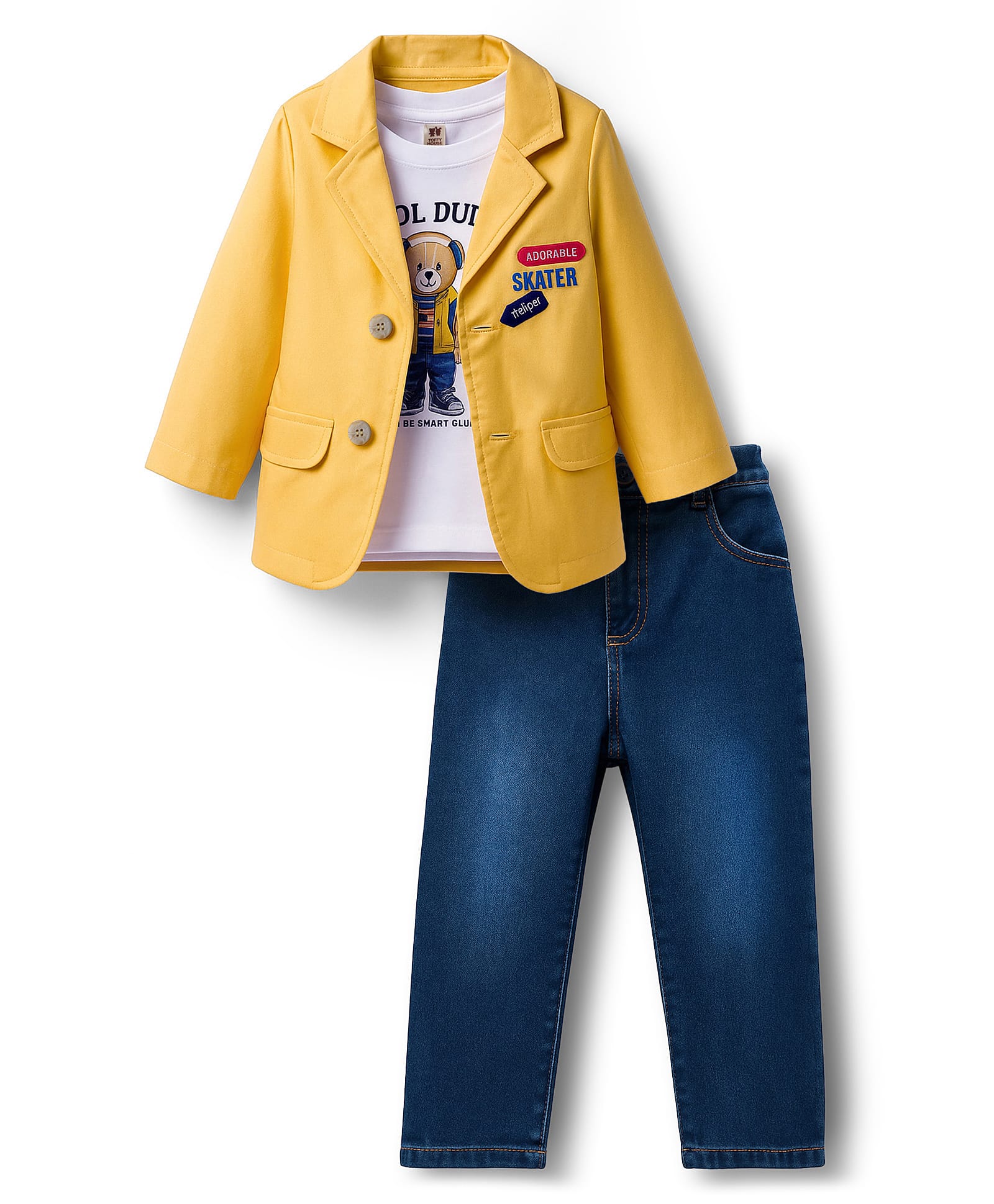 ToffyHouse Cotton Knit Bear Printed Party T-Shirt & Jeans Set with Jacket - Yellow-image-43