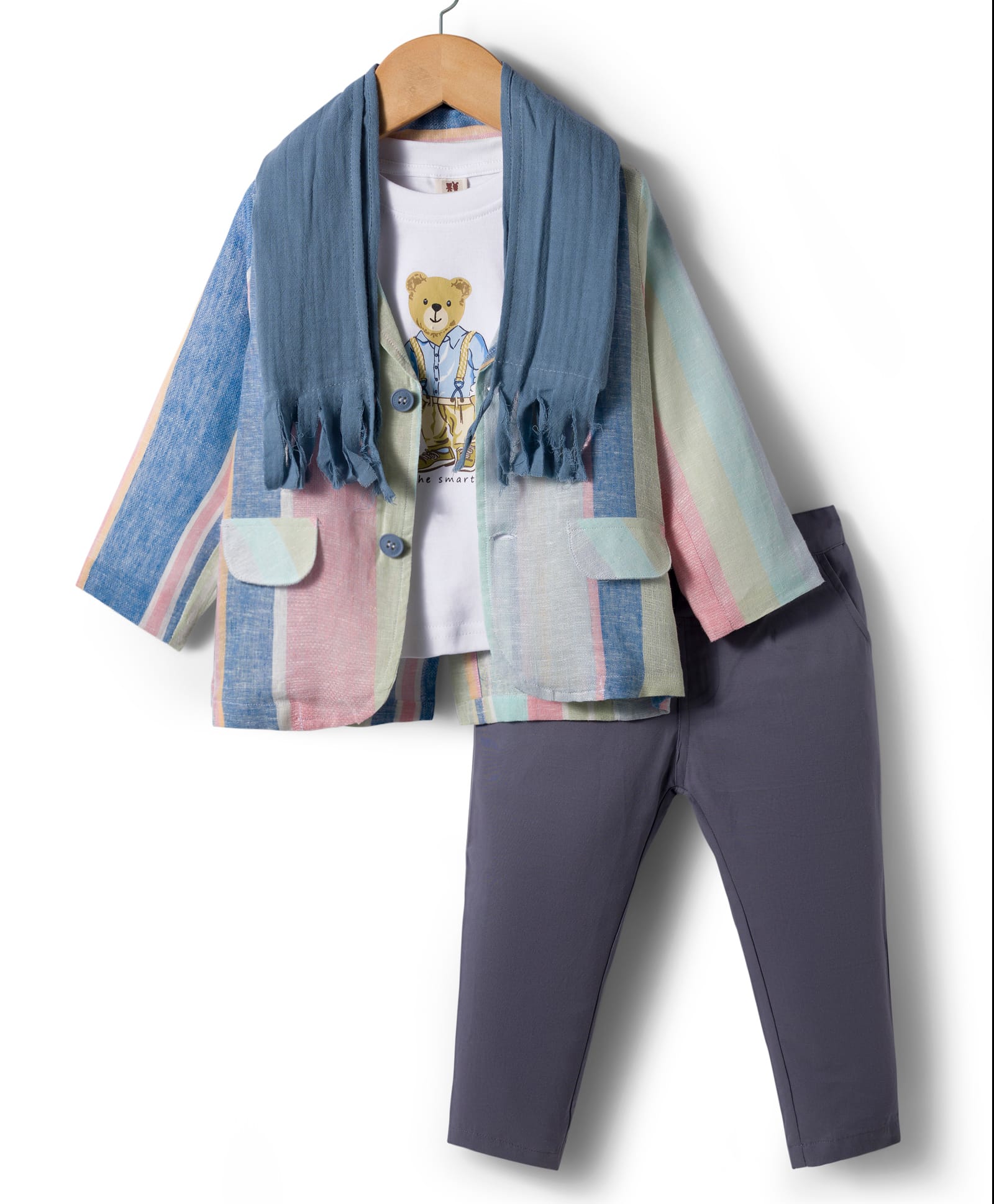 ToffyHouse Cotton Knit Full Sleeves T-Shirt & Trouser Set With Blazer & Scarf With Animal Print - Blue-picture-12