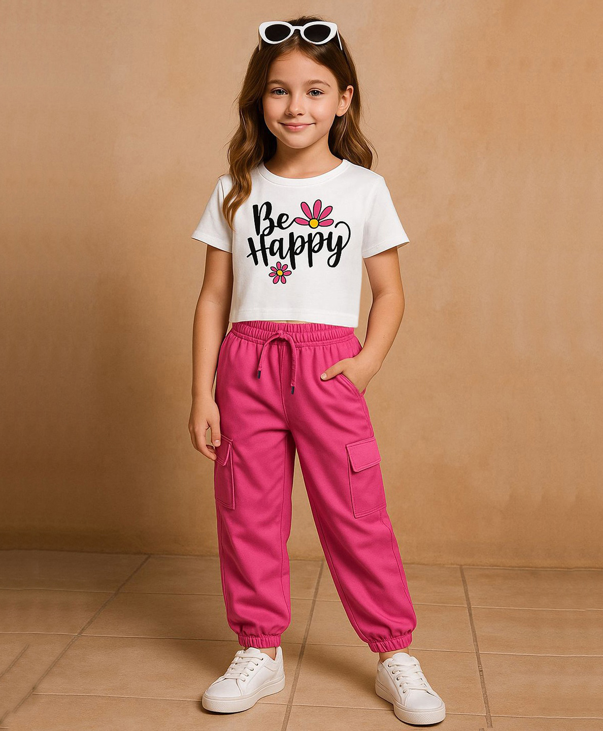 Trampoline Cotton Blend Knit Half Sleeves Be Happy Text Printed Crop Top & Cargo Jogger Set - White & Pink-image-21