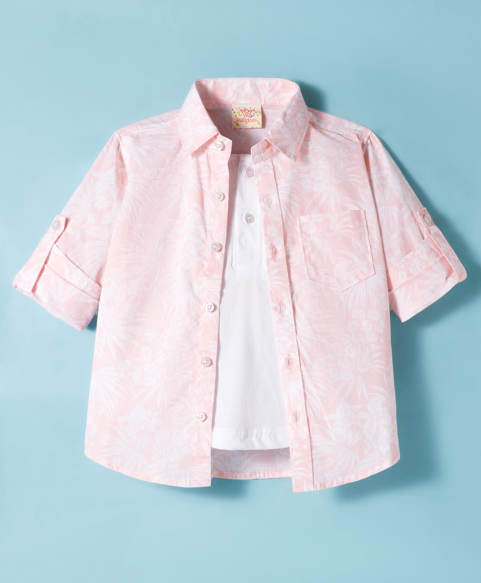 Rikidoos Full Sleeves Floral Printed Shirt With Attached Tee - Light Peach & White-image-25