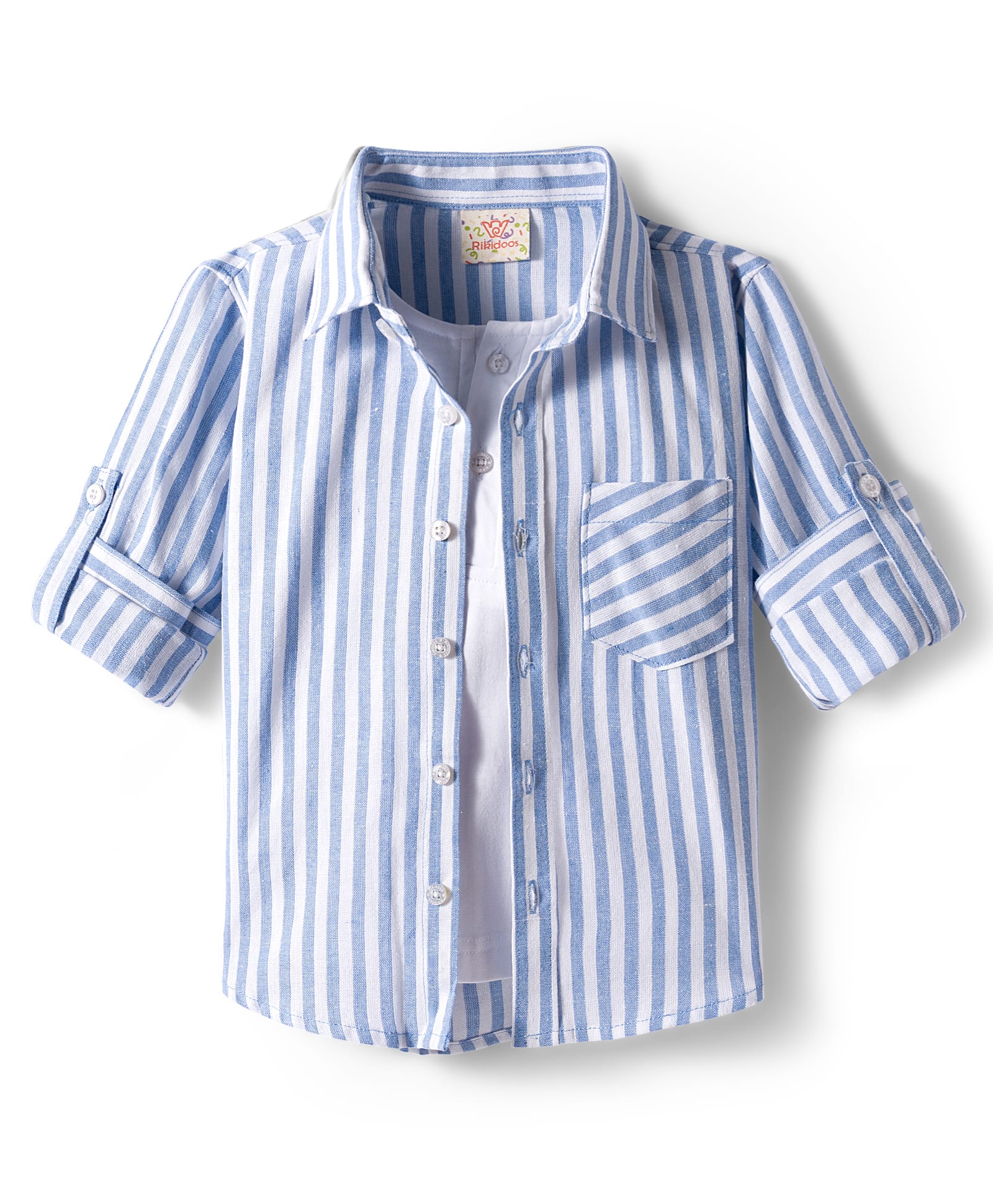 Rikidoos Full Sleeves Striped Shirt With Attached Tee - Light Blue & White