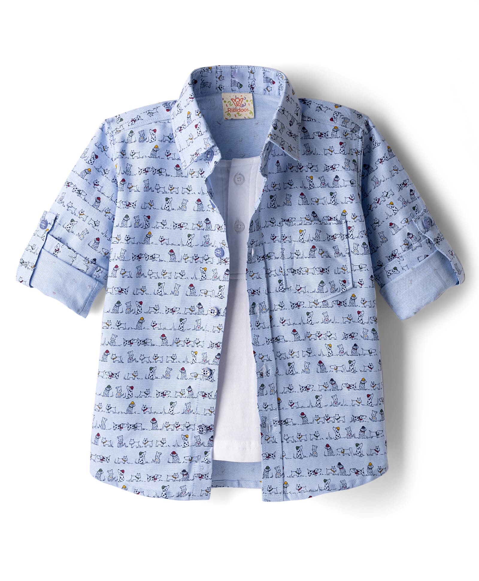 Rikidoos Full Sleeves Dogs Printed Shirt With Attached Tee - Blue & White-image-28