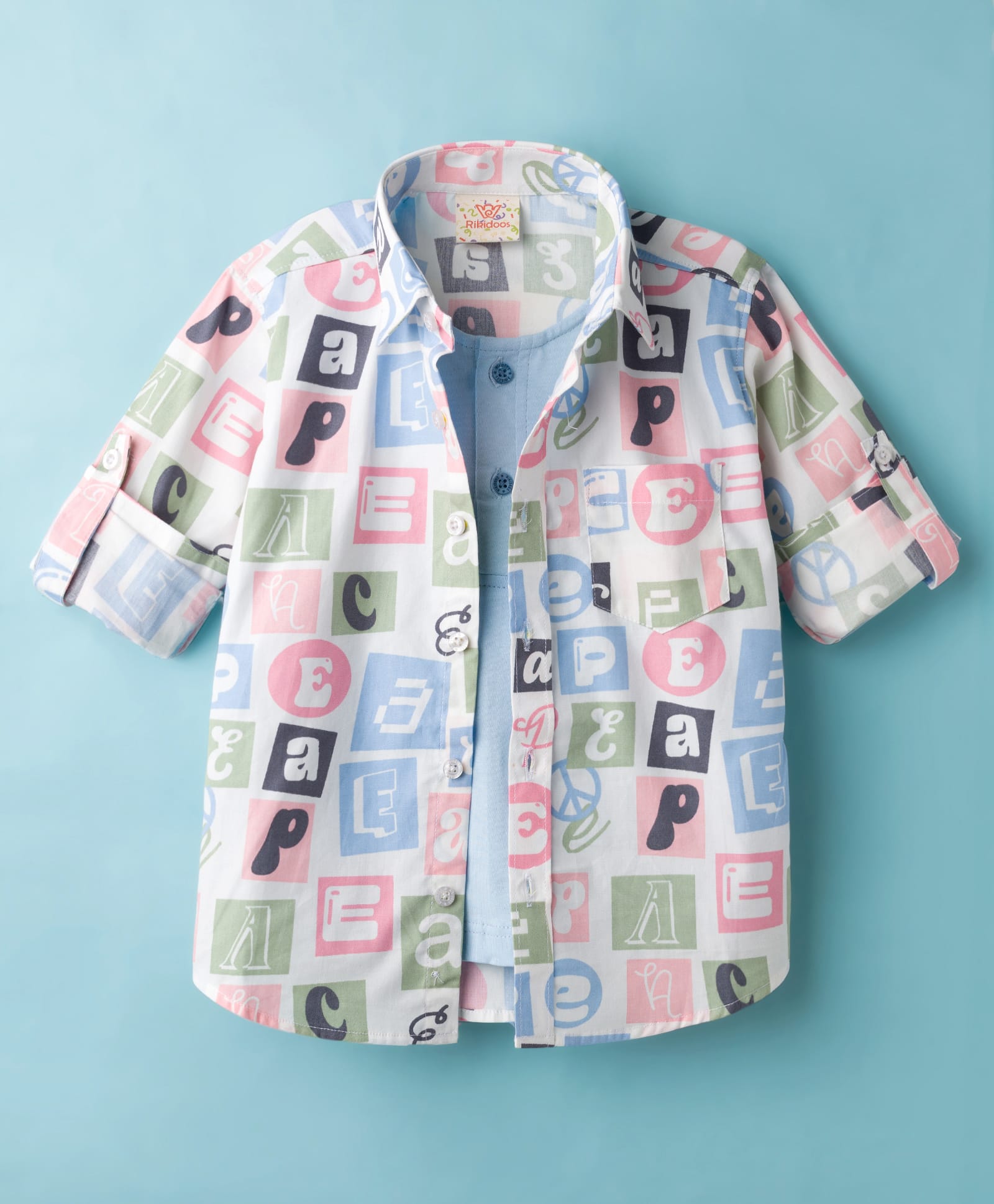Rikidoos Full Sleeves Alphabet Printed Shirt With Attached Tee - White & Sky Blue-image-46