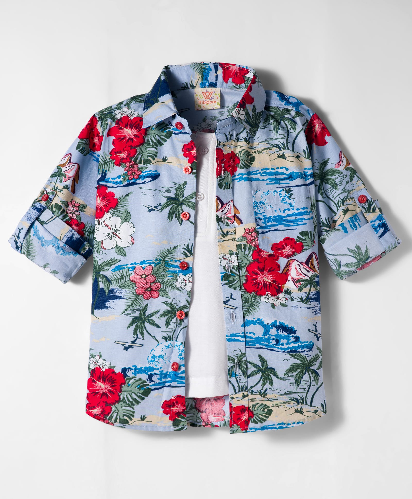Rikidoos Full Sleeves Floral Printed Shirt With Attached Tee - Light Blue & White-image-18