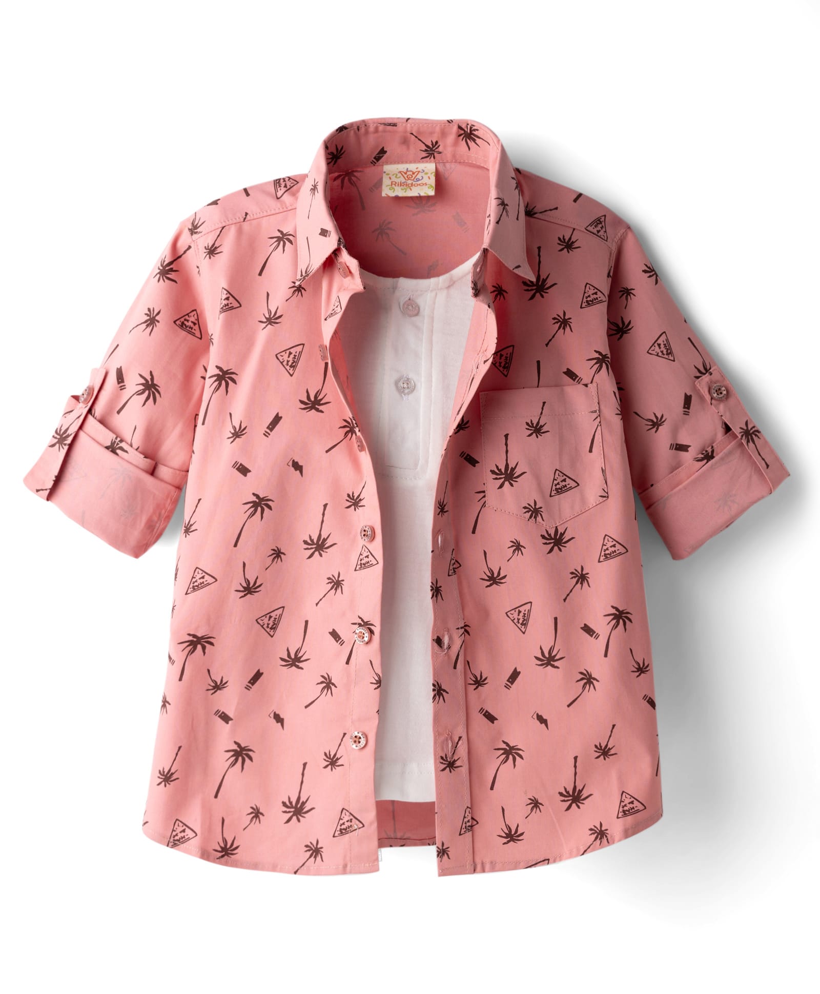 Rikidoos Full Sleeves Palm Trees Printed Shirt With Attached Tee - Dusty Pink & White-image-2