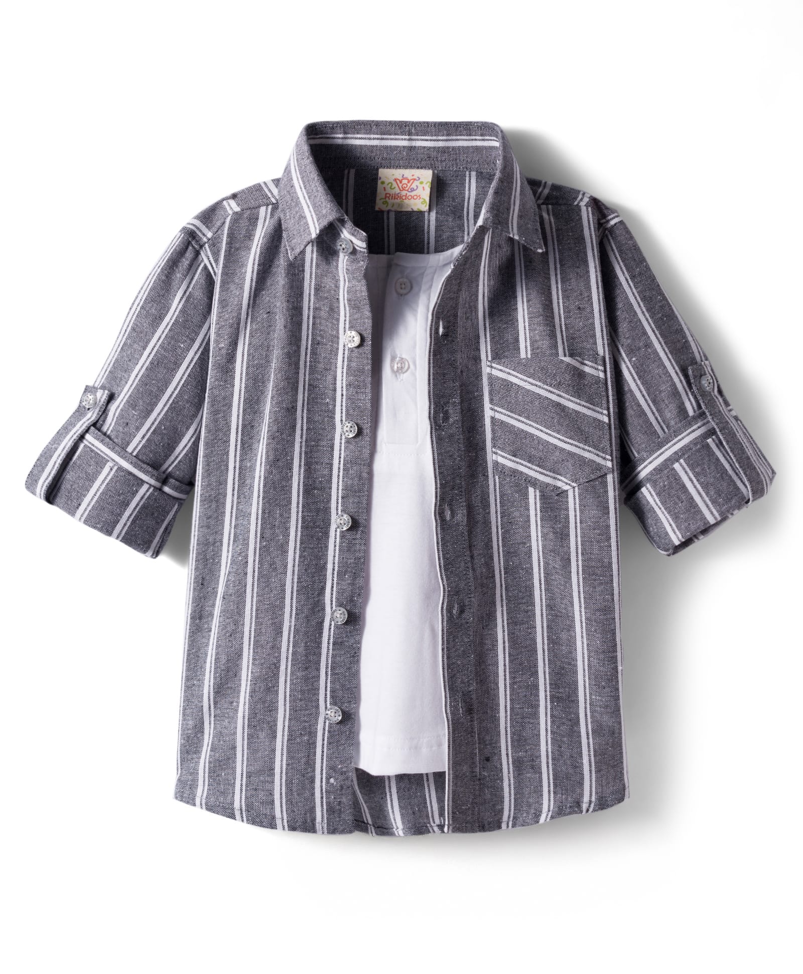 Rikidoos Full Sleeves Striped Shirt With Attached Tee - Black & White-picture-20