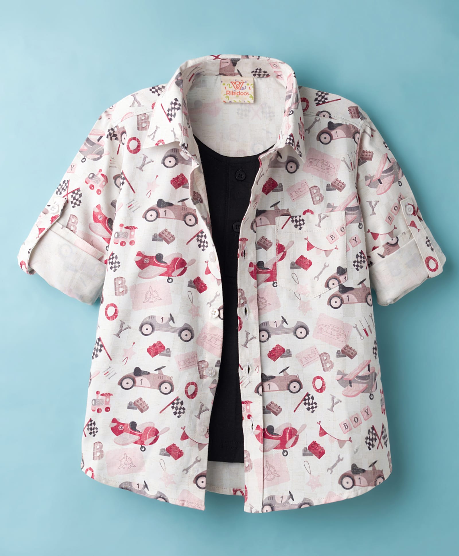 Rikidoos Full Sleeves Vehicles Printed Shirt With Attached Tee - White & Black-picture-5