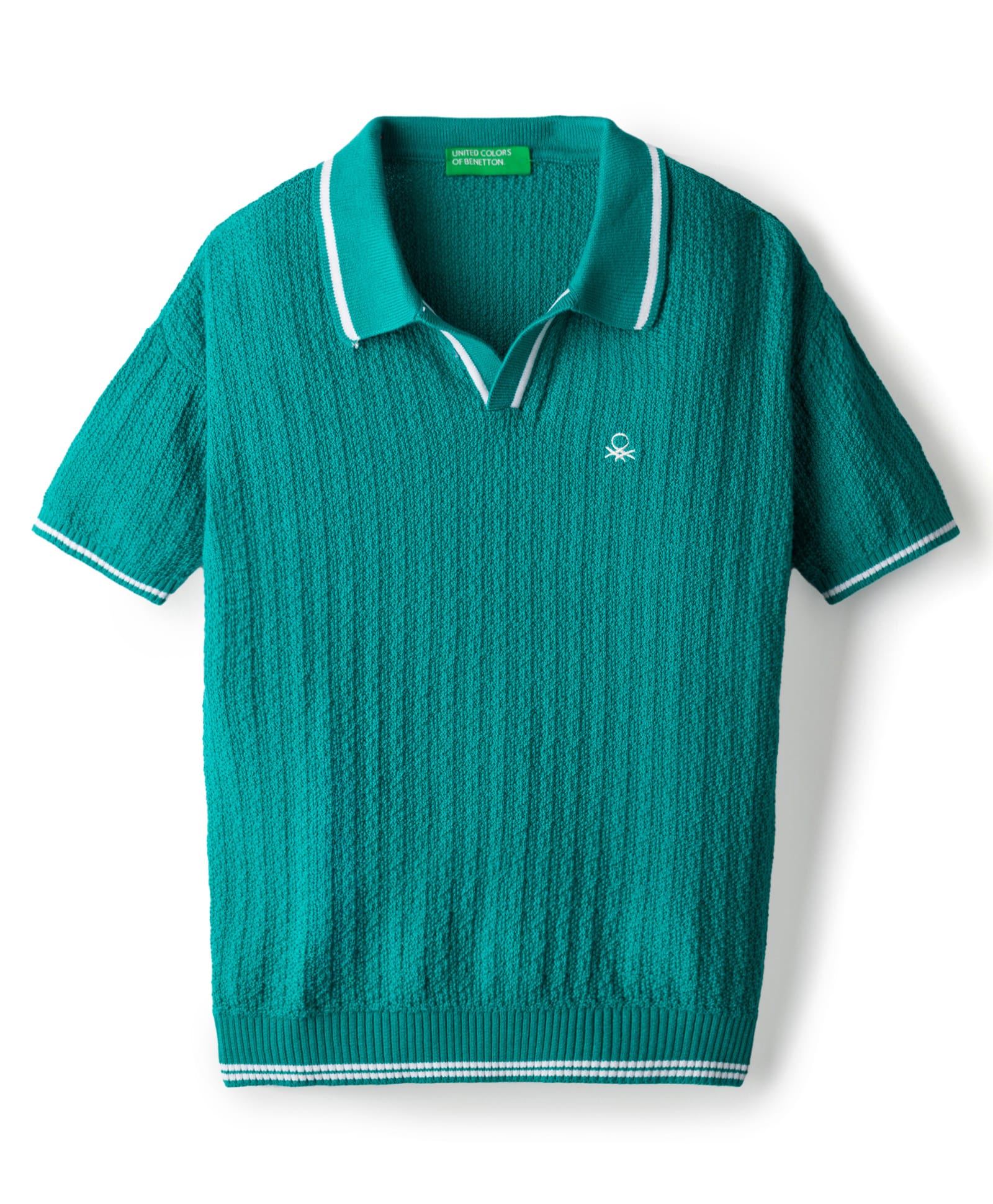 UCB 100% Cotton Woven Half Sleeves Boucle Texture Johnny Polo Pullover Sweater with Logo Design - Teal Blue-image-26