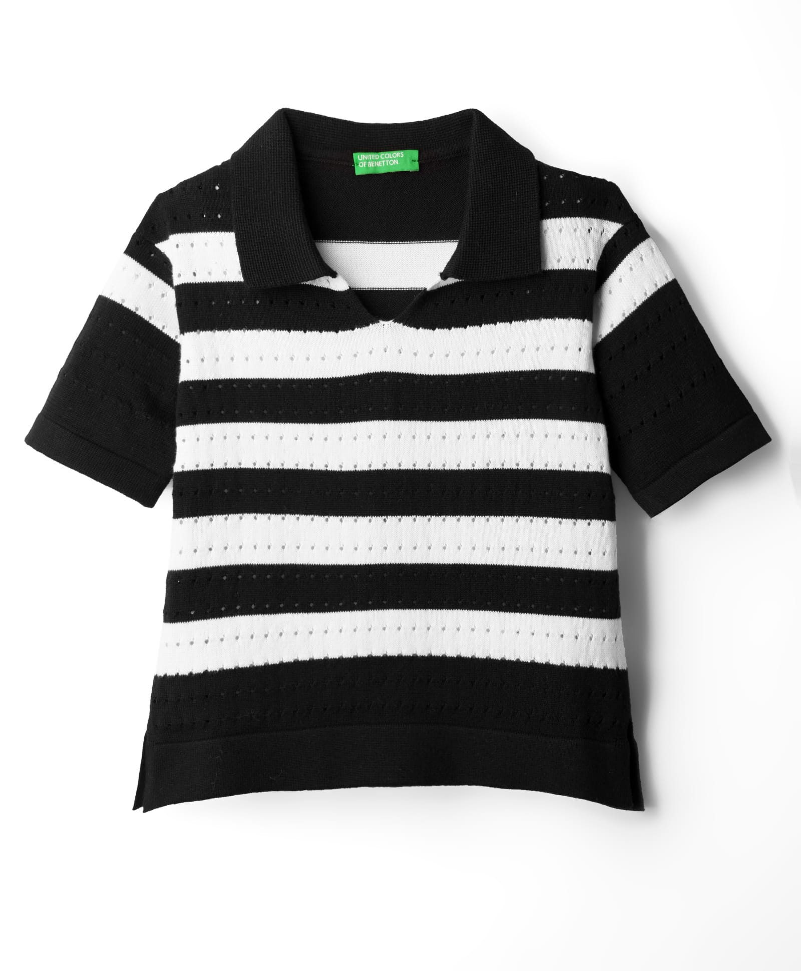 UCB 100% Cotton Woven Half Sleeves Striped Boxy Polo Top - Black & White-image-36